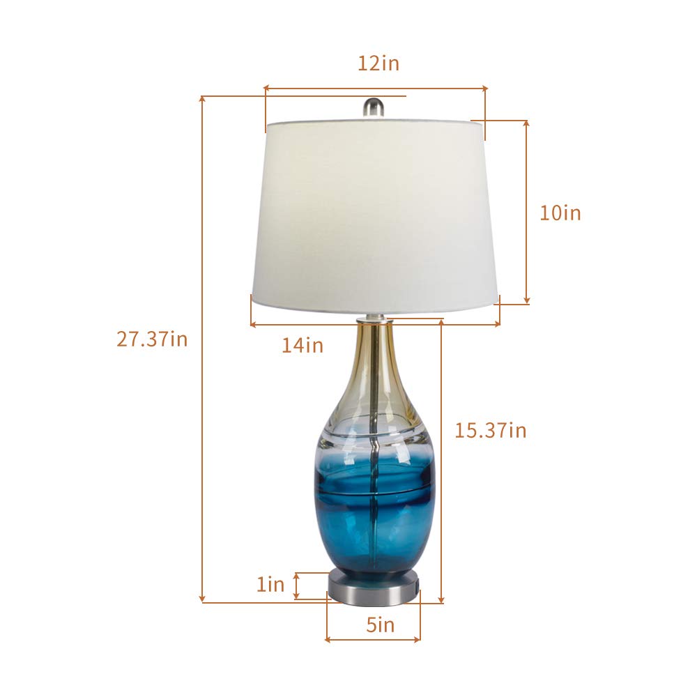 Modern Glass Table Lamps Set of 2 with USB Charging Port - 3-Way Dimmable Nightstand Lights for Bedroom & Living Room - ETL Certified Bedside Lamps with White Shade in Blue & Gold Finish - Perfect for Reading, Relaxing and Charging Devices