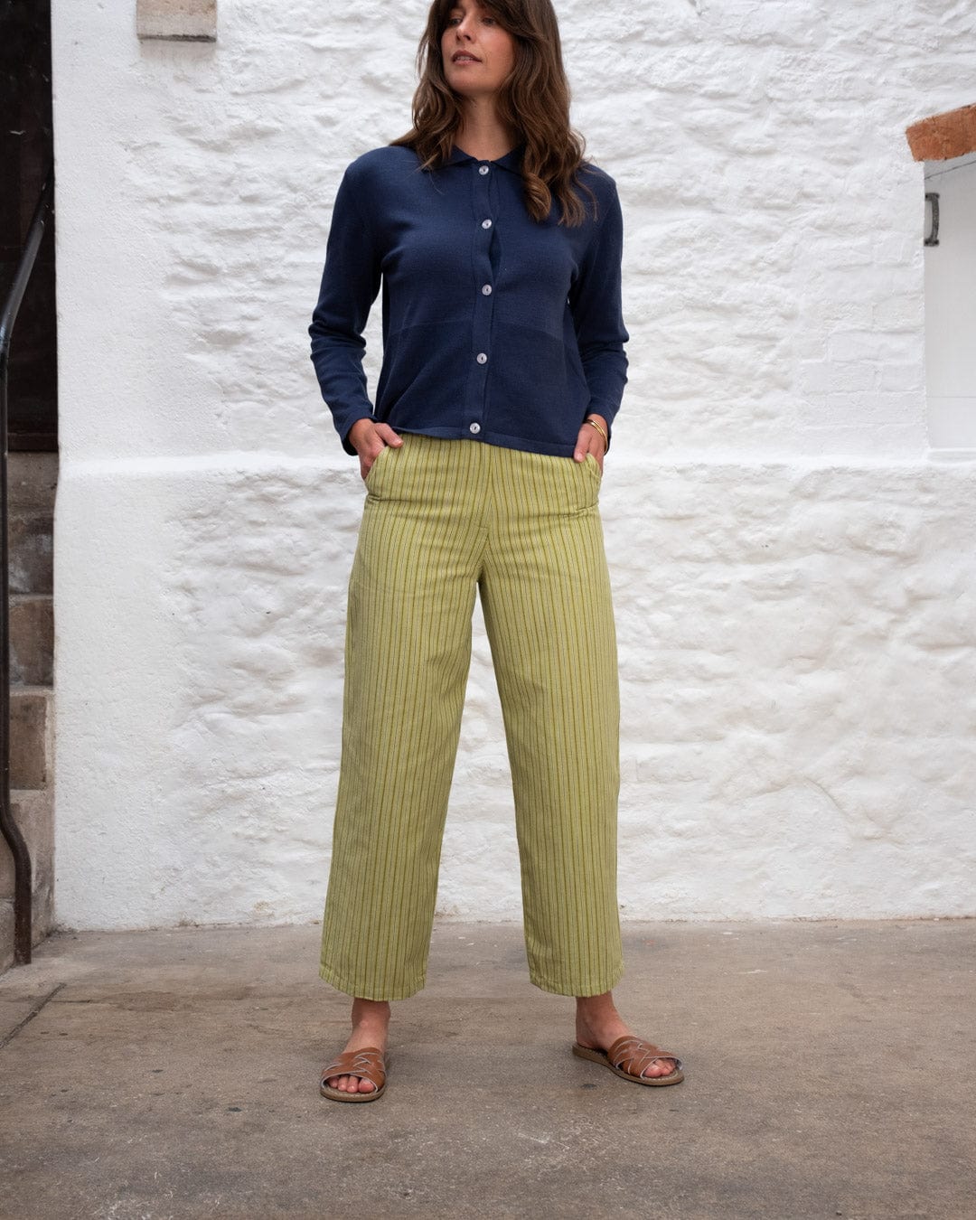 Harper Women's Cotton & Linen Wide Leg Pants | Avocado Stripe | Comfortable & Breathable Casual Trousers for Work, Travel & Summer Outfits