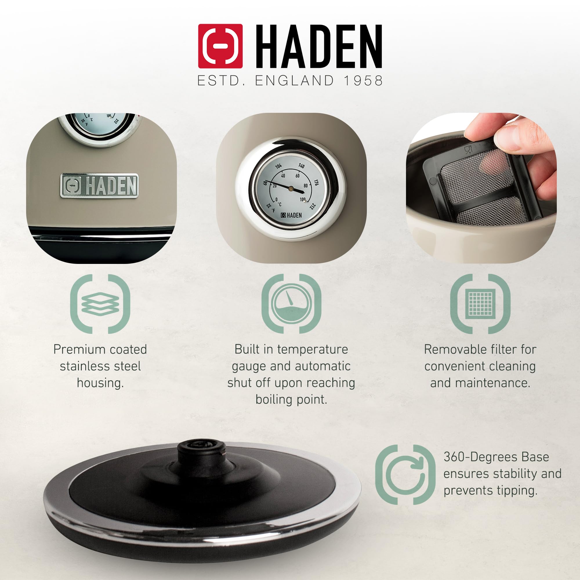 Haden Dorset 2 Slice Wide Slot Stainless Steel Toaster with 1.7L Electric Kettle Set - 360° Swivel Base, Putty & Chrome Finish | Perfect for Breakfast, Office, Dorm Room & Small Kitchens