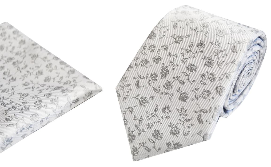 L.A. Smith Polyester Silver Floral Tie and Pocket Square Set - Perfect for Weddings, Prom & Formal Events
