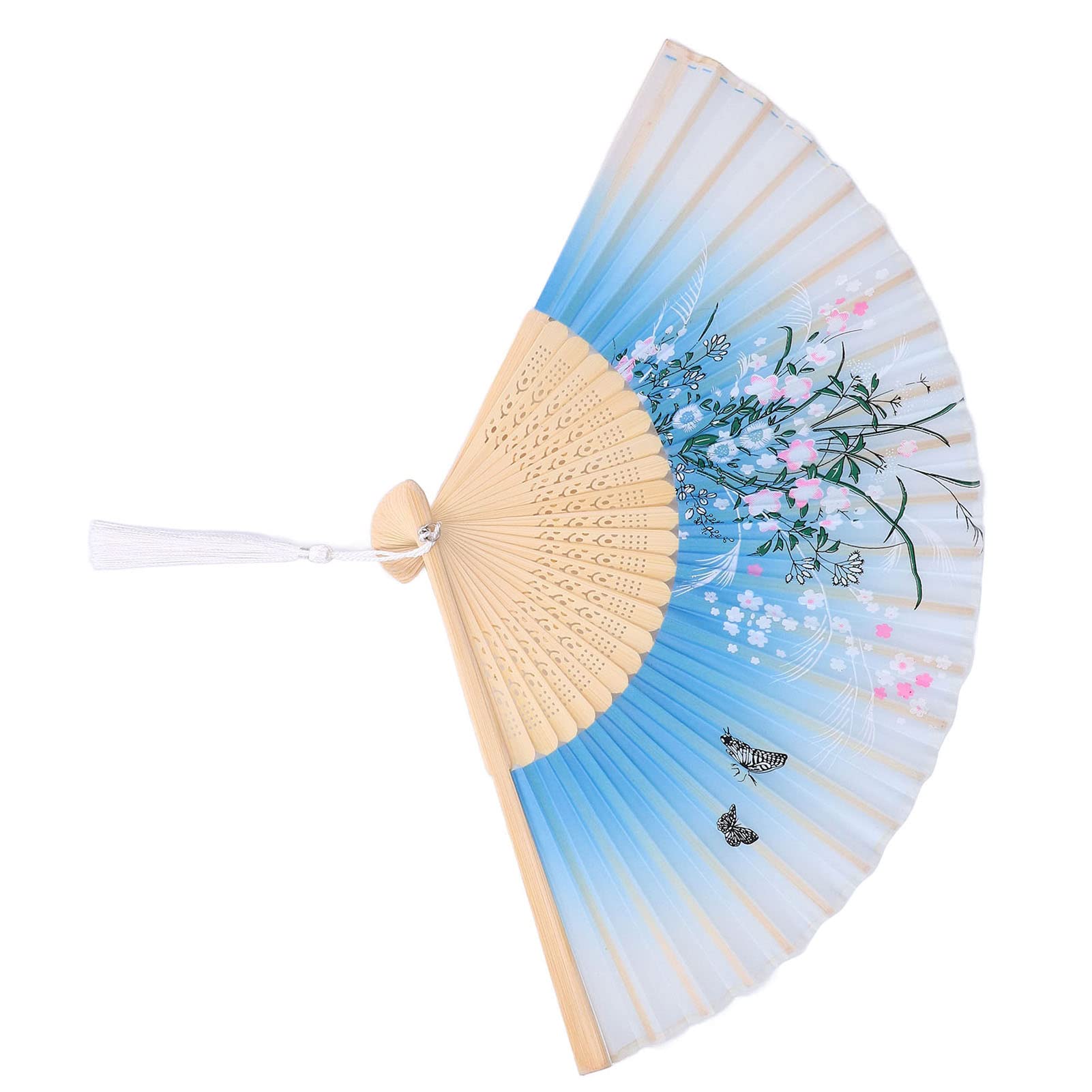 Elegant Handmade Floral Folding Fan - CUEA Sturdy Portable Fan for Dance, Gift, Home Decoration (Blue Butterfly Grass Design) | Perfect for Weddings, Performances & Summer Cooling