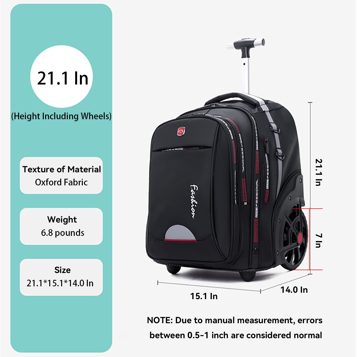 Waterproof Rolling Laptop Backpack for Women & Men - 22 Inch Wheeled Carry On Backpack with Large Wheels for Travel, Business Commuter & Daily Use - Durable Blue Backpack for Work, School & Airplane