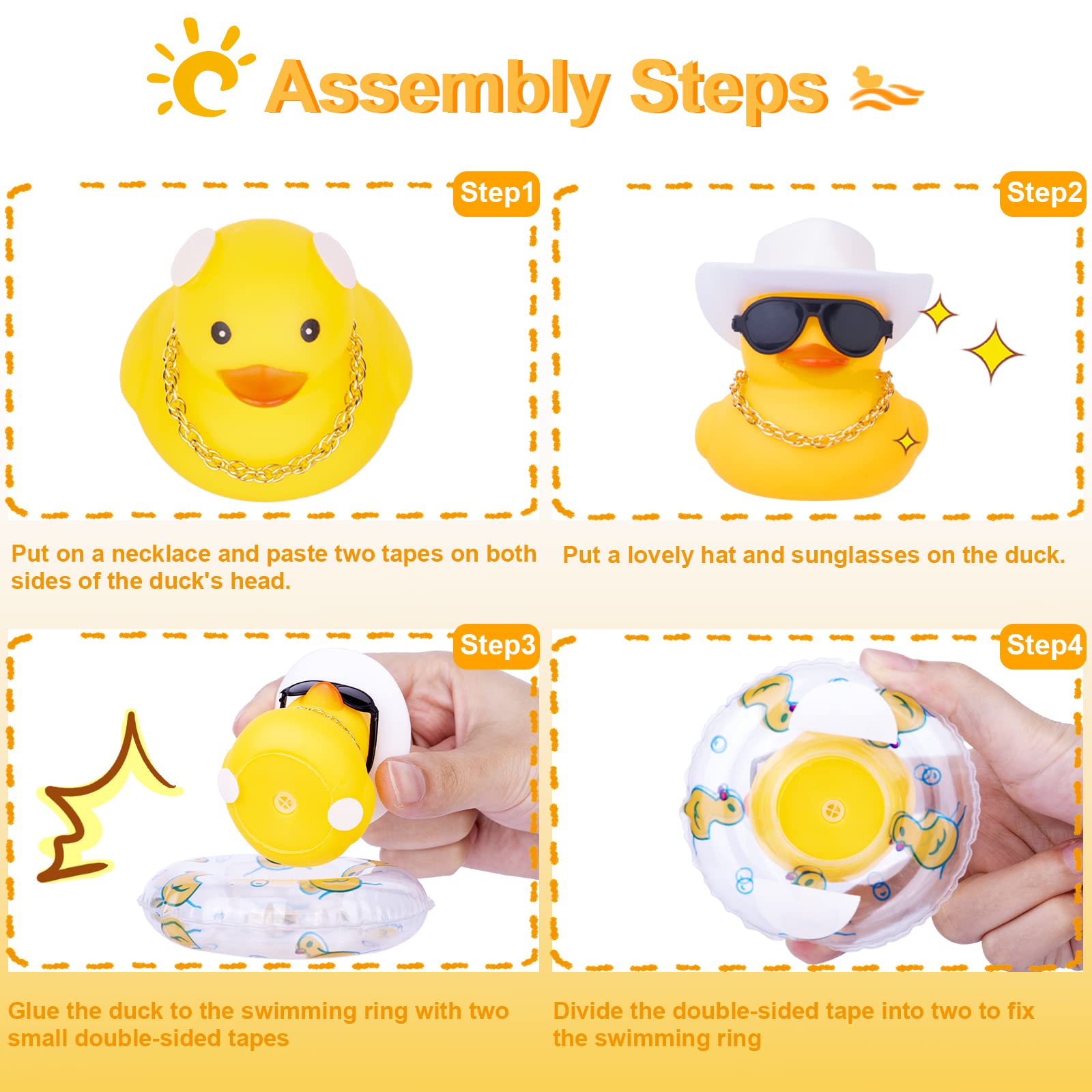 Funny Rubber Duck Car Dashboard Decorations - Cute Duck Ornaments with Mini Swim Ring, Sun Hat, Necklace & Sunglasses - Perfect for Car Accessories, Gifts, and Dashboard Decor
