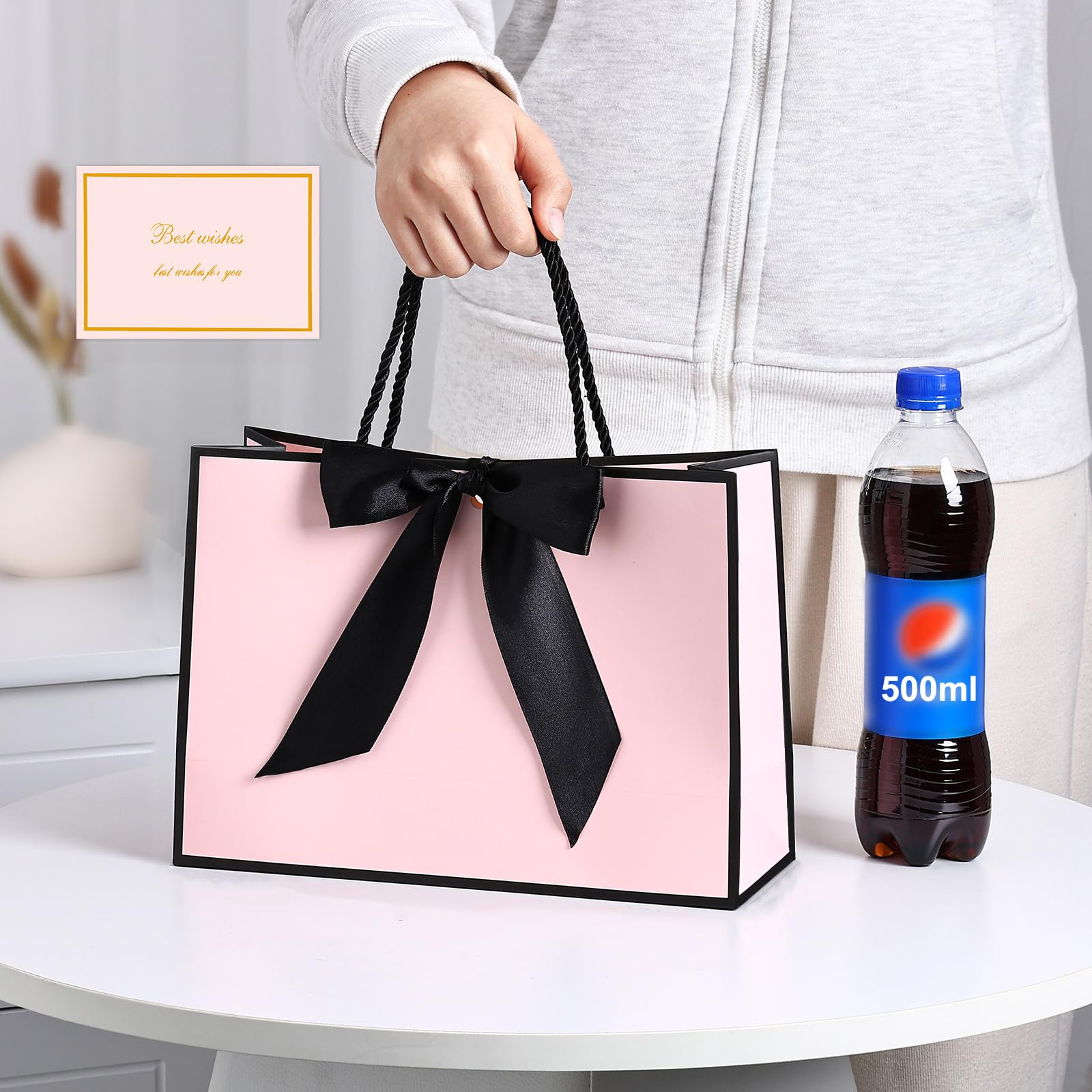 JMANNI Large Gift Bags Set - 1 Premium Paper Gift Bag with 2 Tissue Papers & 1 Greeting Card - Elegant Present Bags with Handles for Women, Girls, Bridesmaids - Perfect for Birthday, Valentine's Day, Wedding & Party Favors (Black-Pink) | Great for Gift Wrapping, Special Occasions & Thoughtful Surprises