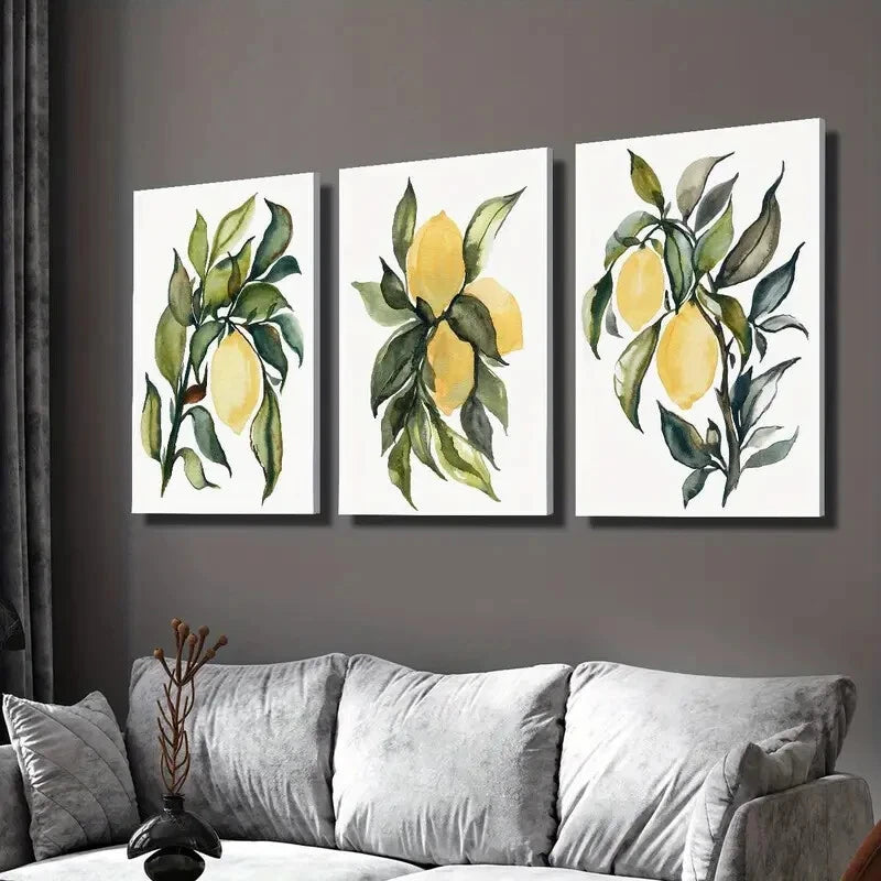 3pcs Vibrant Yellow Lemons with Green Leaves Wall Art Set - Framed Canvas 40x60cm - High Quality Print - 100% Australian Made - Ready to Hang - Perfect for Kitchen Decor, Dining Room & Home Office Wall Decor