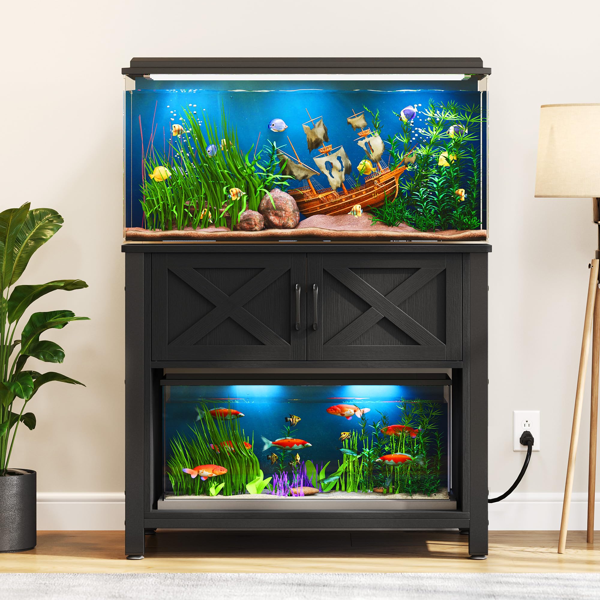 Heavy Duty Metal Aquarium Stand with Power Outlets & Storage Cabinet - 40-50 Gallon Fish Tank Stand for Turtle/Reptile Terrariums (660LBS Capacity, Black) | Perfect for Home, Office & Pet Store Displays
