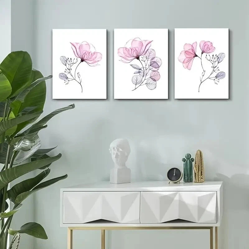 3-Piece Pink Floral Metal Wall Art - Ready to Hang Home Decor for Living Room, Bedroom & Office