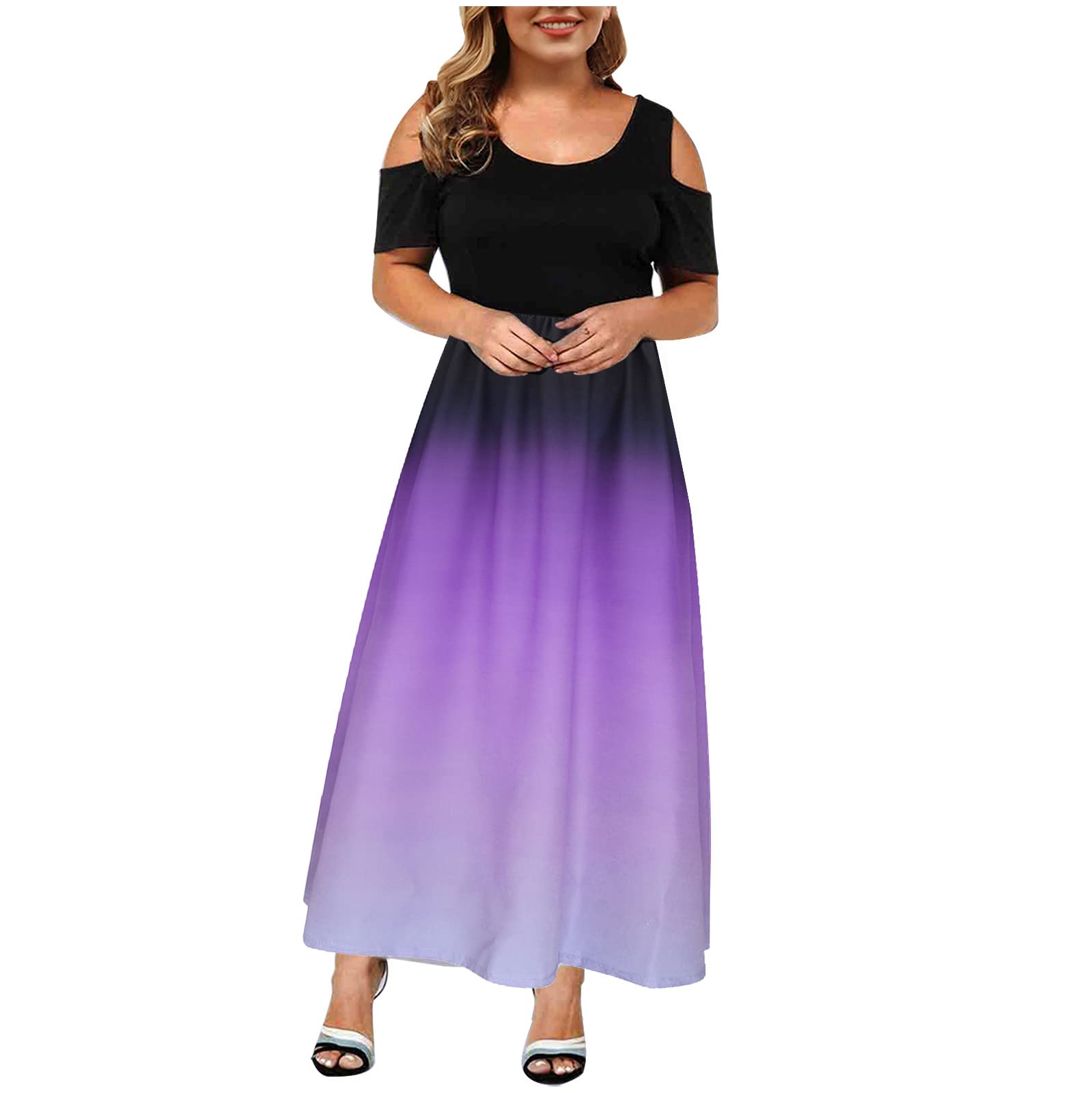 Plus Size Maxi Dress for Women - Short Sleeve Cold Shoulder Swing Dress with Gradient Print | Crew Neck Wedding Guest Dress | Perfect for Beach Vacations, Summer Parties & Formal Events
