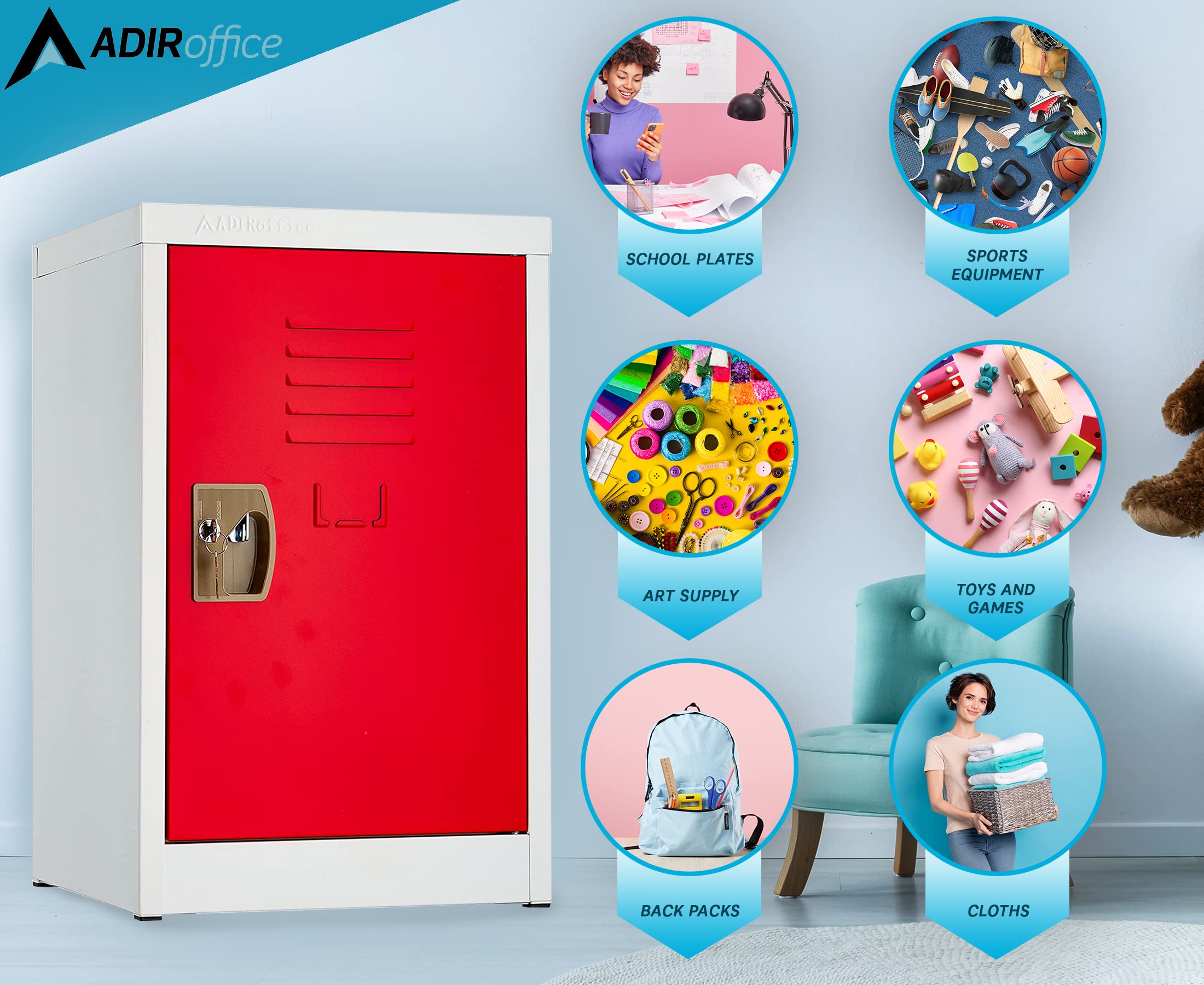 AdirOffice Kids Steel Metal Storage Locker - Heavy Duty School Locker with Key & Hanging Rods for Home, Gym & Classroom Organization | Perfect for Backpacks, Sports Gear & Clothes Storage