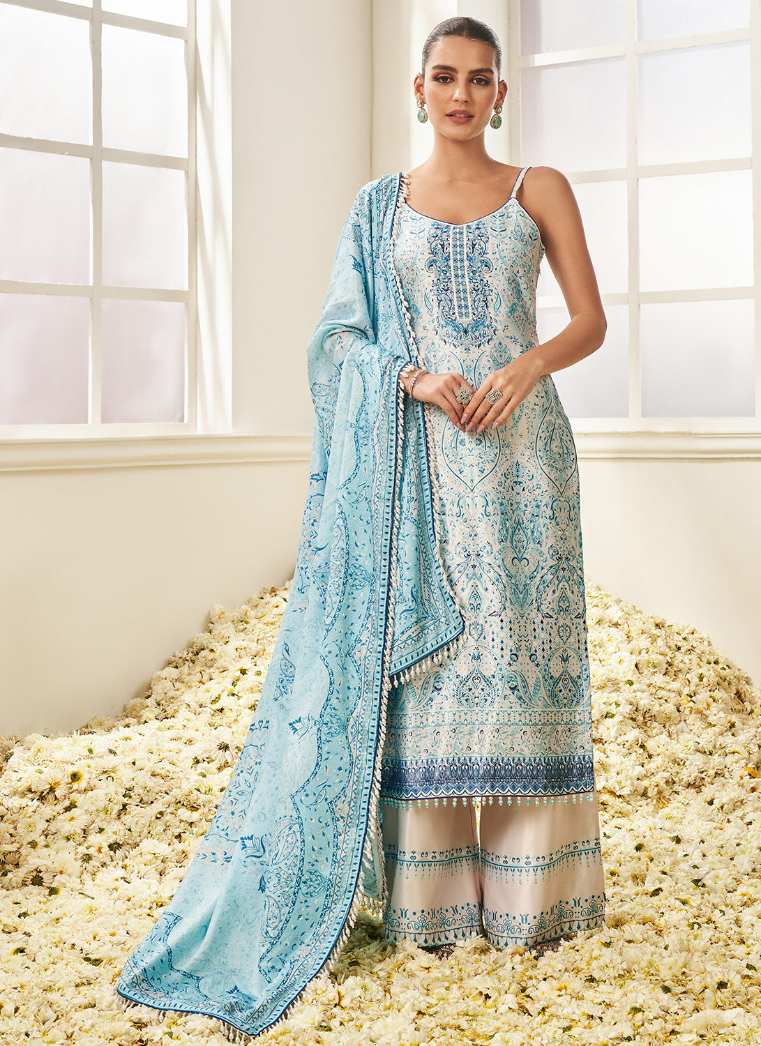 Elegant White and Sky Blue Floral Printed Straight Suit for Women - Perfect for Office Wear, Business Meetings & Formal Events