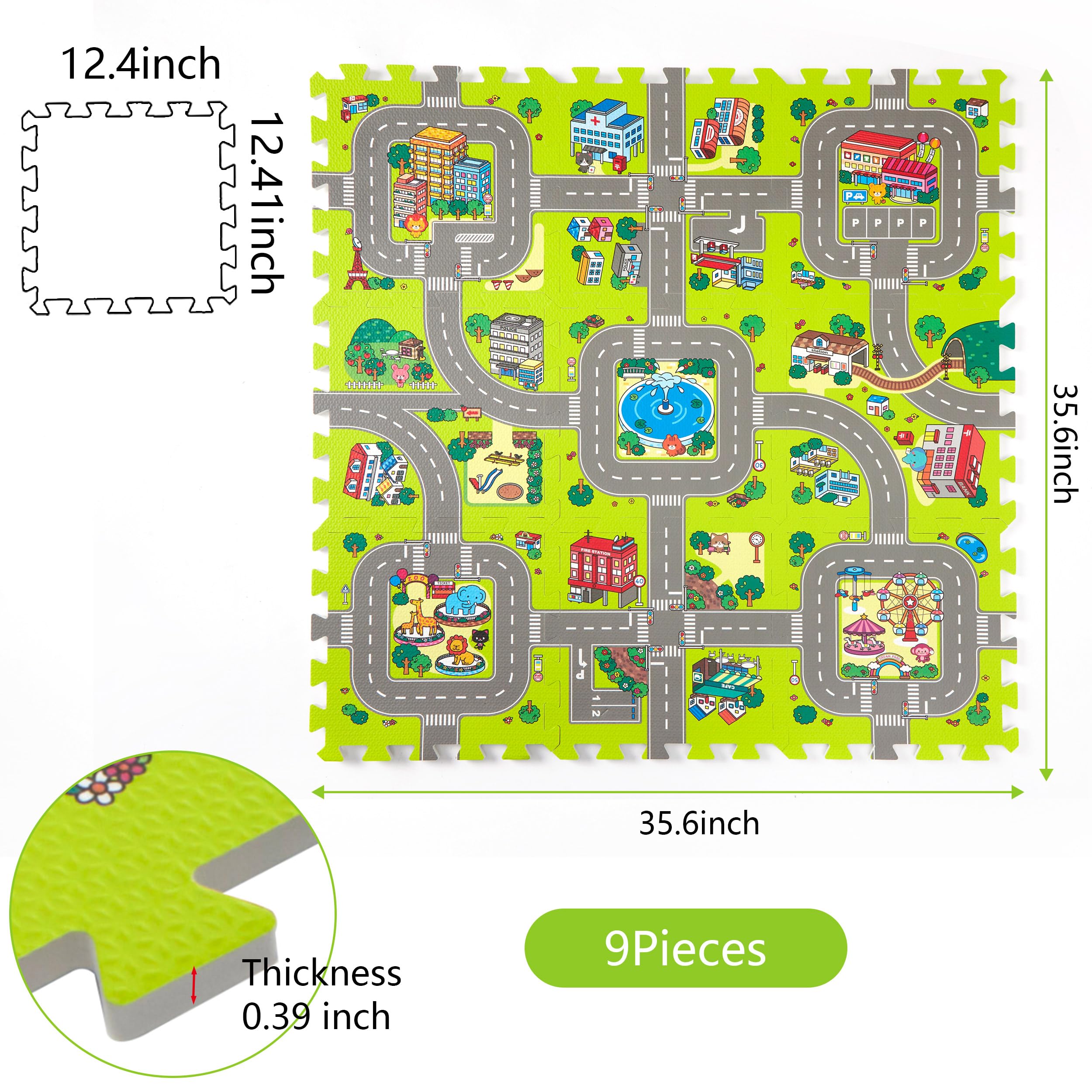 Non-Toxic Baby Play Mats for Floor - 9-Piece Interlocking Foam Tiles with City Road Track Design | Safe Crawling & Learning Space for Infants | Perfect for Nursery, Playroom & Daycare Use