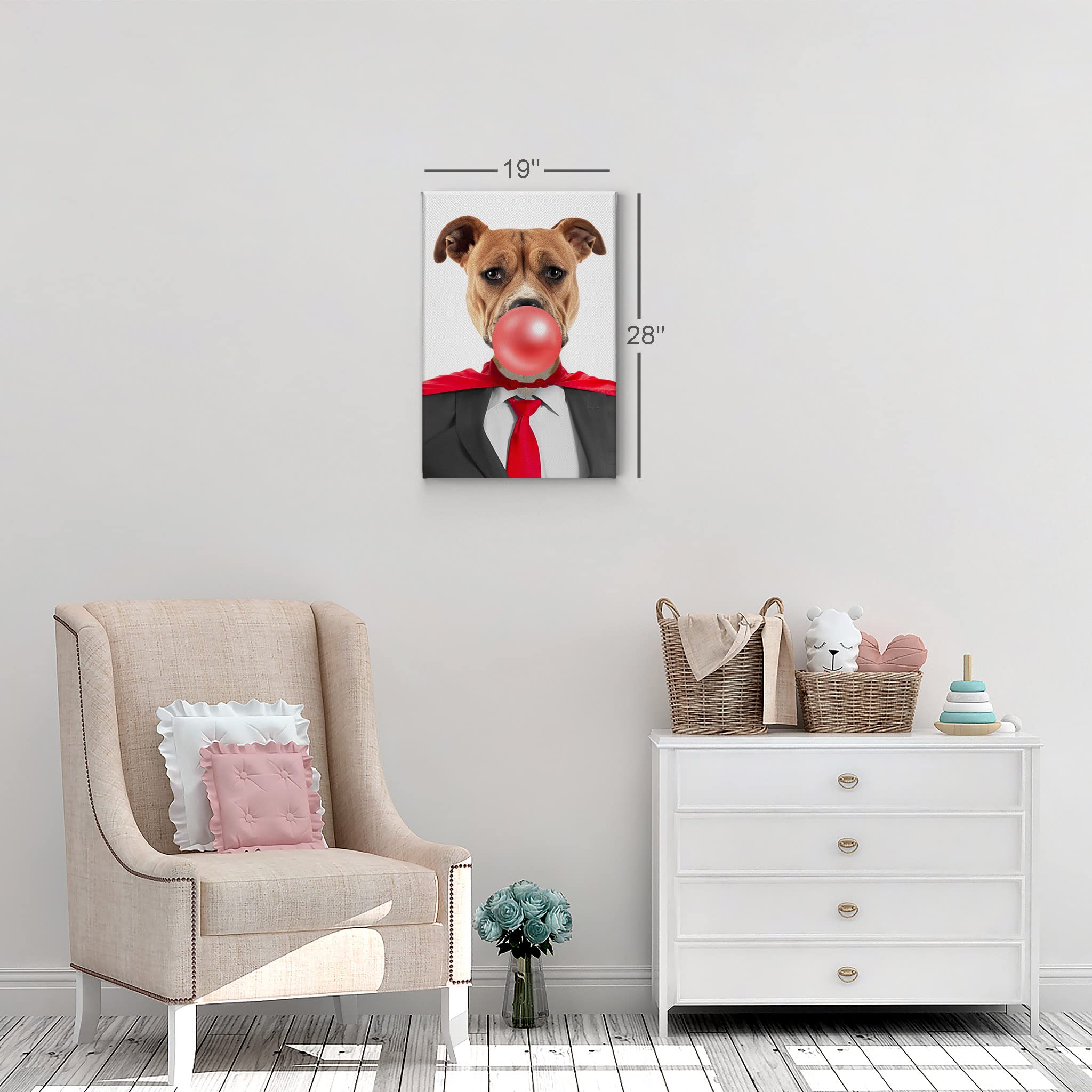 Staffordshire Bull Terrier Superhero Dog Portrait Canvas Wall Art - Chewing Gum Fun Pet Decor for Living Room, Bedroom, Nursery | 28x19 Inch Dog Lover Gift, Animal Themed Home Decor
