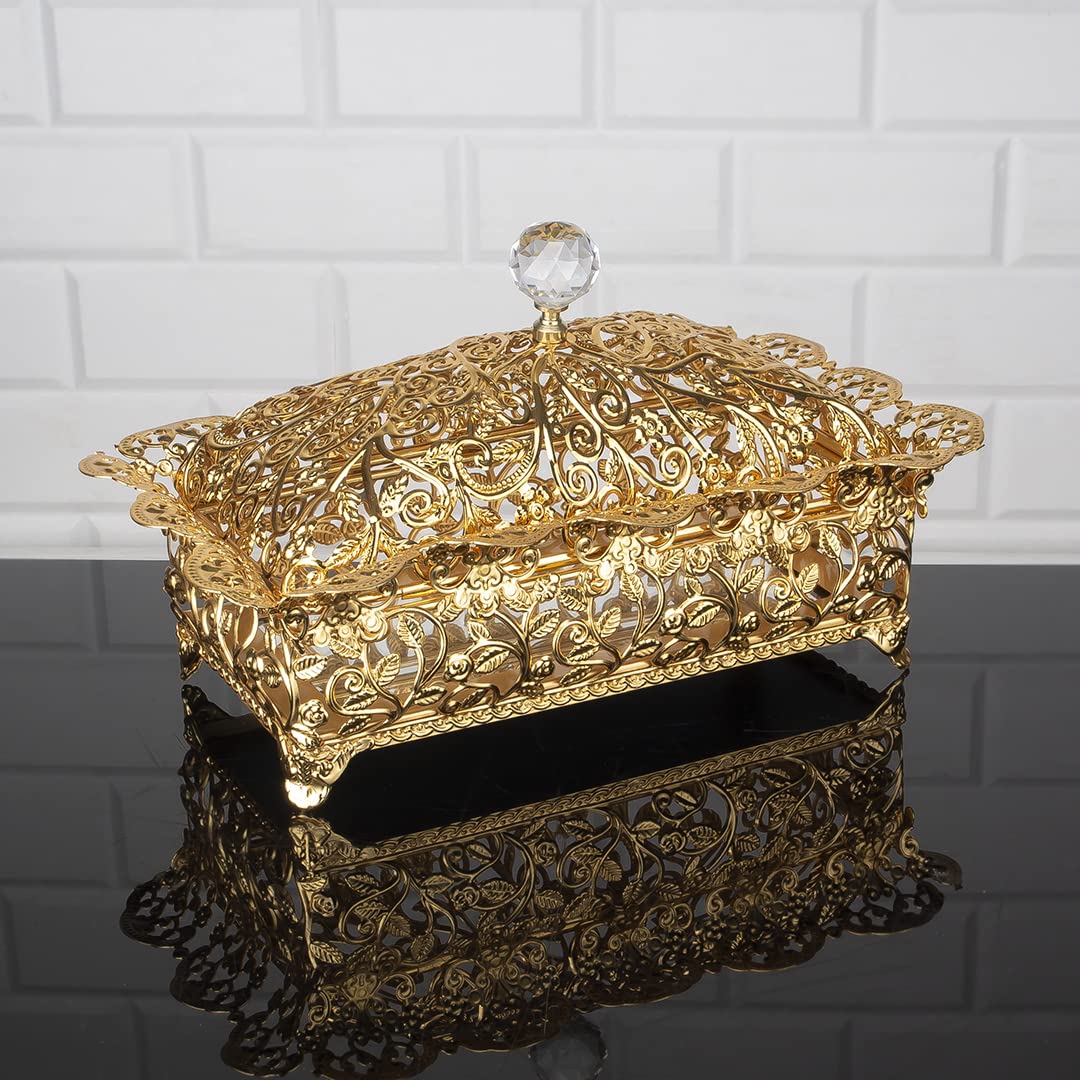 Handmade Gold Rectangle Candy Dish with Glass Lid & Crystal Top - Elegant Sugar Serving Bowl for Office Desk, Home Decor, and Party Dessert Display