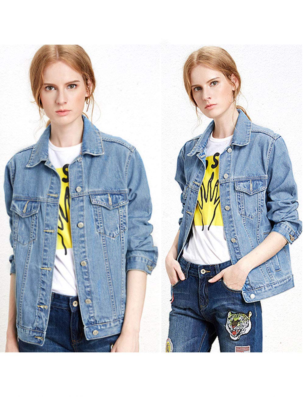 Women's Long Sleeve Denim Trucker Jacket - Classic Solid Blue Jean Jacket for Casual Outfits & Layering | Perfect for Fall, Winter & Spring Fashion