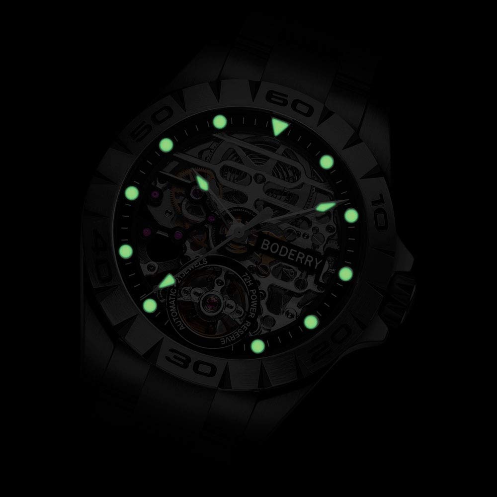 BODERRY Men's Skeleton Watch - 72H Power Reserve Automatic Self-Winding Mechanical Watch with Luminous Hands, Stainless Steel Case & Genuine Leather/Rubber Strap - Perfect for Business, Casual Wear & Gift Giving