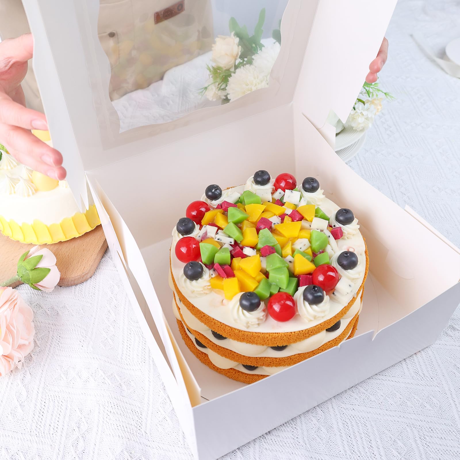 VGOODALL 15-Pack 10x10x5 Inch White Bakery Cake Boxes with Clear Window - Disposable Cardboard Pastry Boxes for Cakes, Cookies, Pies & Cupcakes - Perfect for Birthday, Wedding & Party Dessert Display