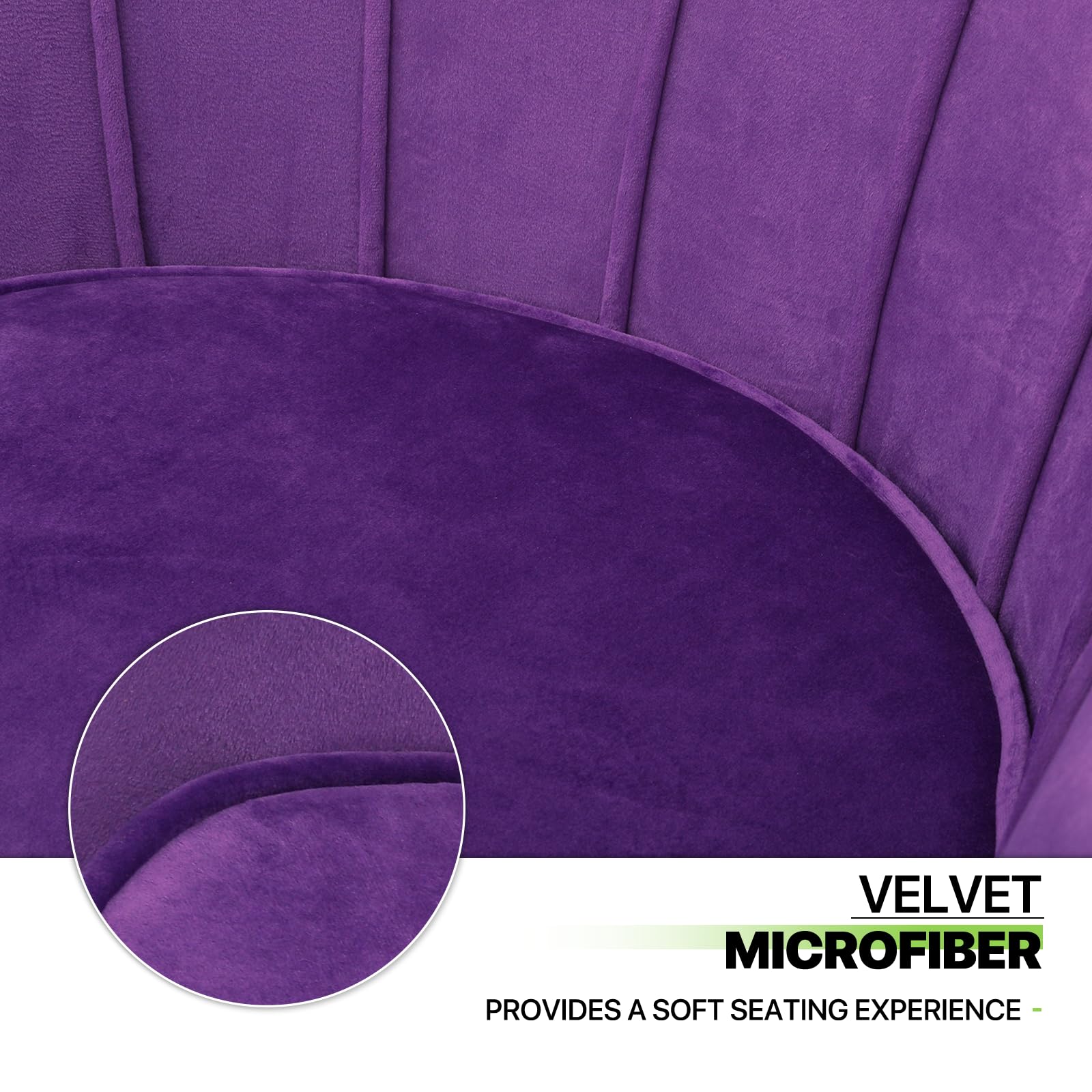 Magshion Velvet Vanity Chair with Backrest - Purple Accent Chair with Golden Legs, Scalloped Design & Soft Pillow - Upholstered Armchair with Footrest for Dressing Table, Bedroom, Living Room & Makeup Area