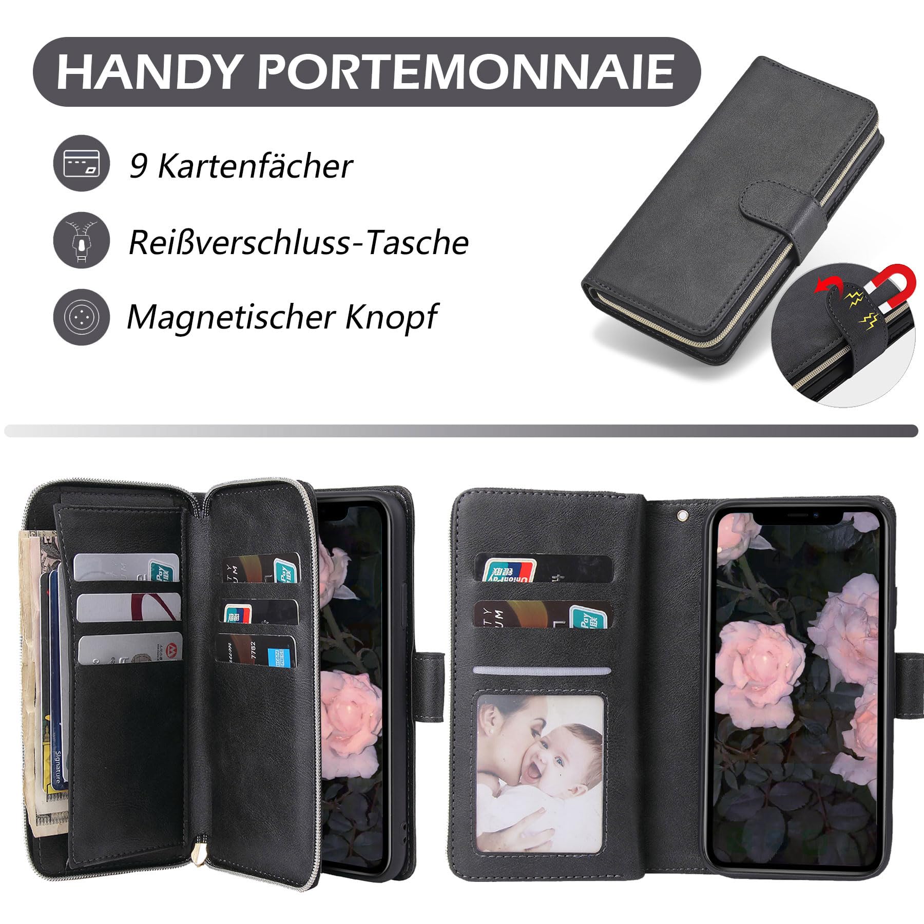 ZCDAYE iPhone 15 Plus Wallet Case with Card Holder & Zipper Pocket - 6.7 Inch Shockproof Folio Cover with Wrist Strap & Kickstand (Black) - Perfect for Travel, Shopping & Everyday Use