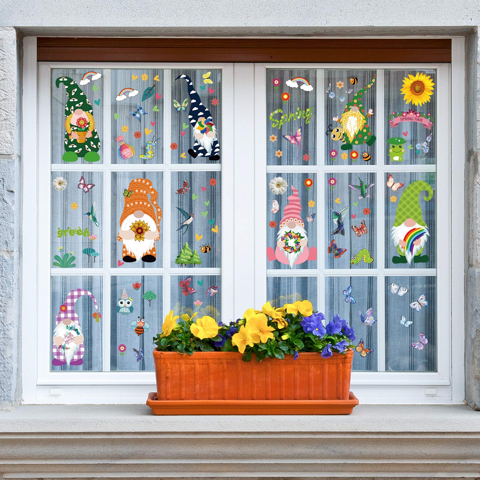 Zonon 9-Piece Gnome Window Clings Set - Flower & Butterfly Window Decals, Spring Home Decor, Reusable Stickers for Glass Doors & Windows - Perfect for Easter, Garden Party & Seasonal Home Decoration