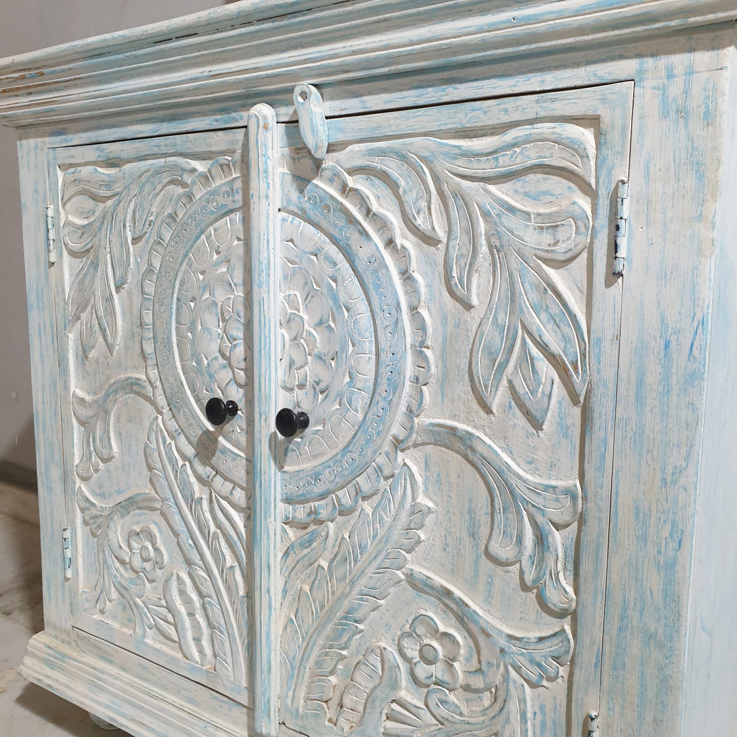 Handmade Carved Indian Solid Mango Wood Cabinet - 2 Door Bluewash Storage Furniture for Living Room, Bedroom & Entryway Decor