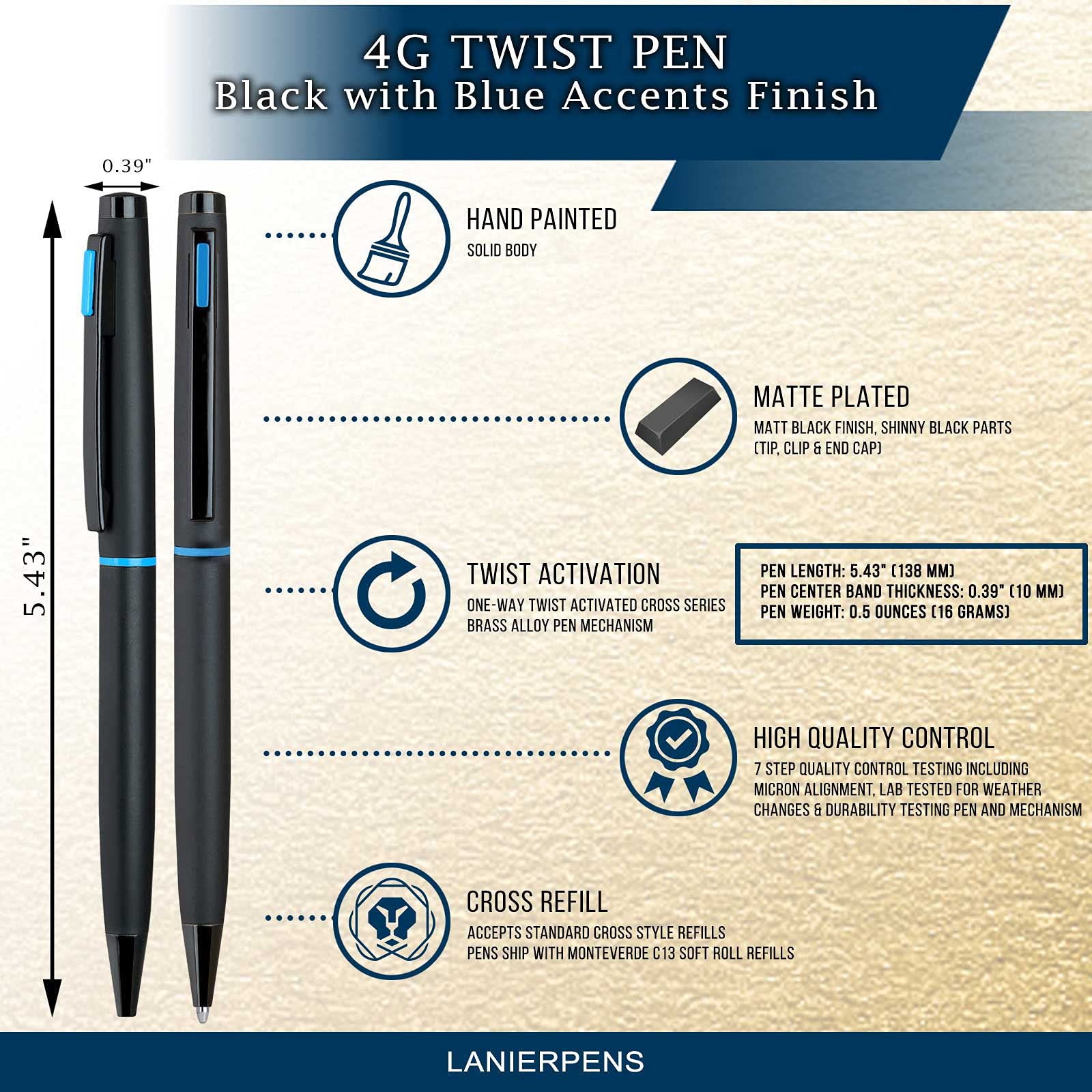 Lanier 4G Ballpoint Pen - Matte Black with Blue Accents, Premium Rosewood Gift Box | Perfect for Office, Business Meetings & Executive Gifts