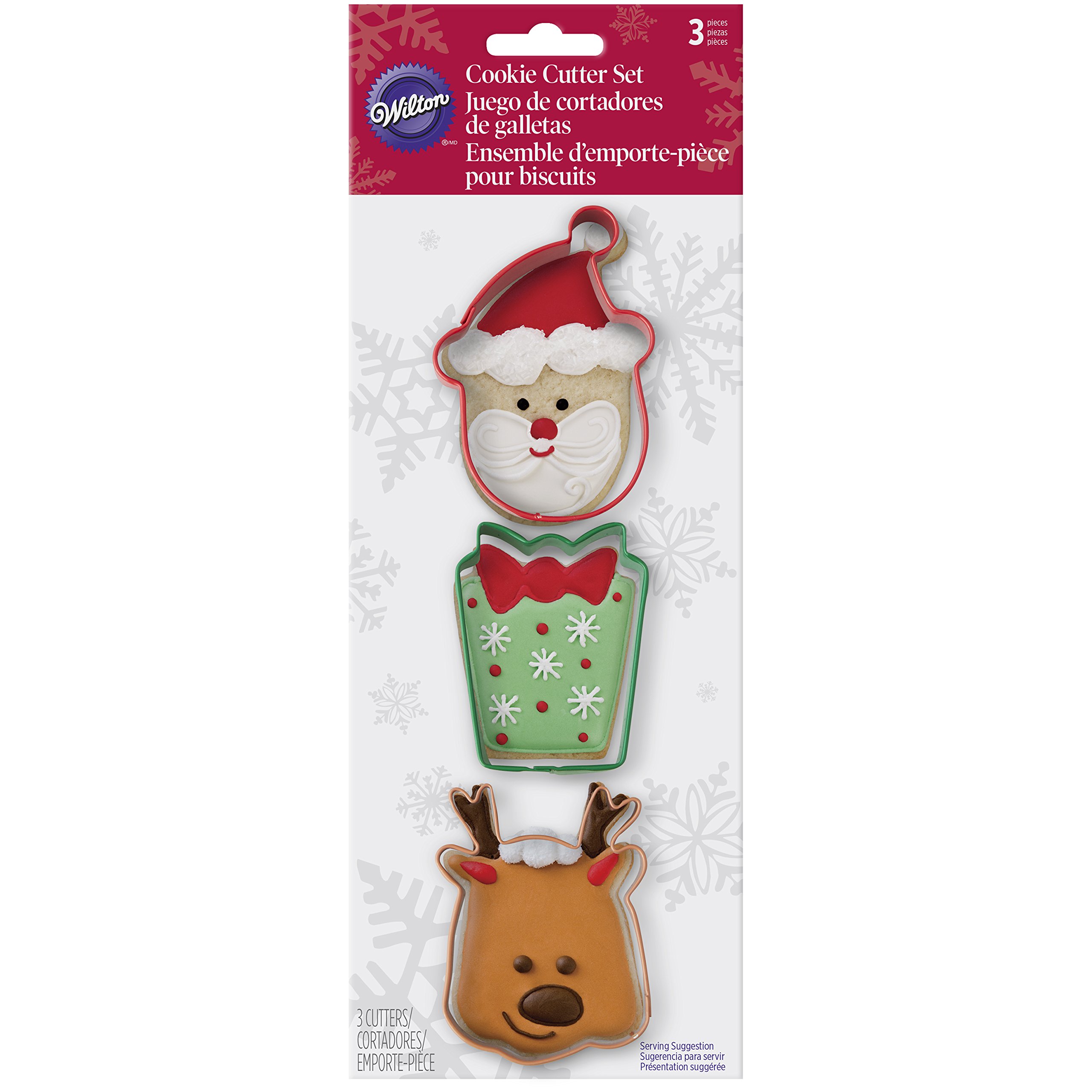 Wilton 3-Piece Holiday Metal Cookie Cutter Set - Santa, Gift & Reindeer Shapes - Perfect for Christmas Baking, DIY Decorations & Holiday Party Treats