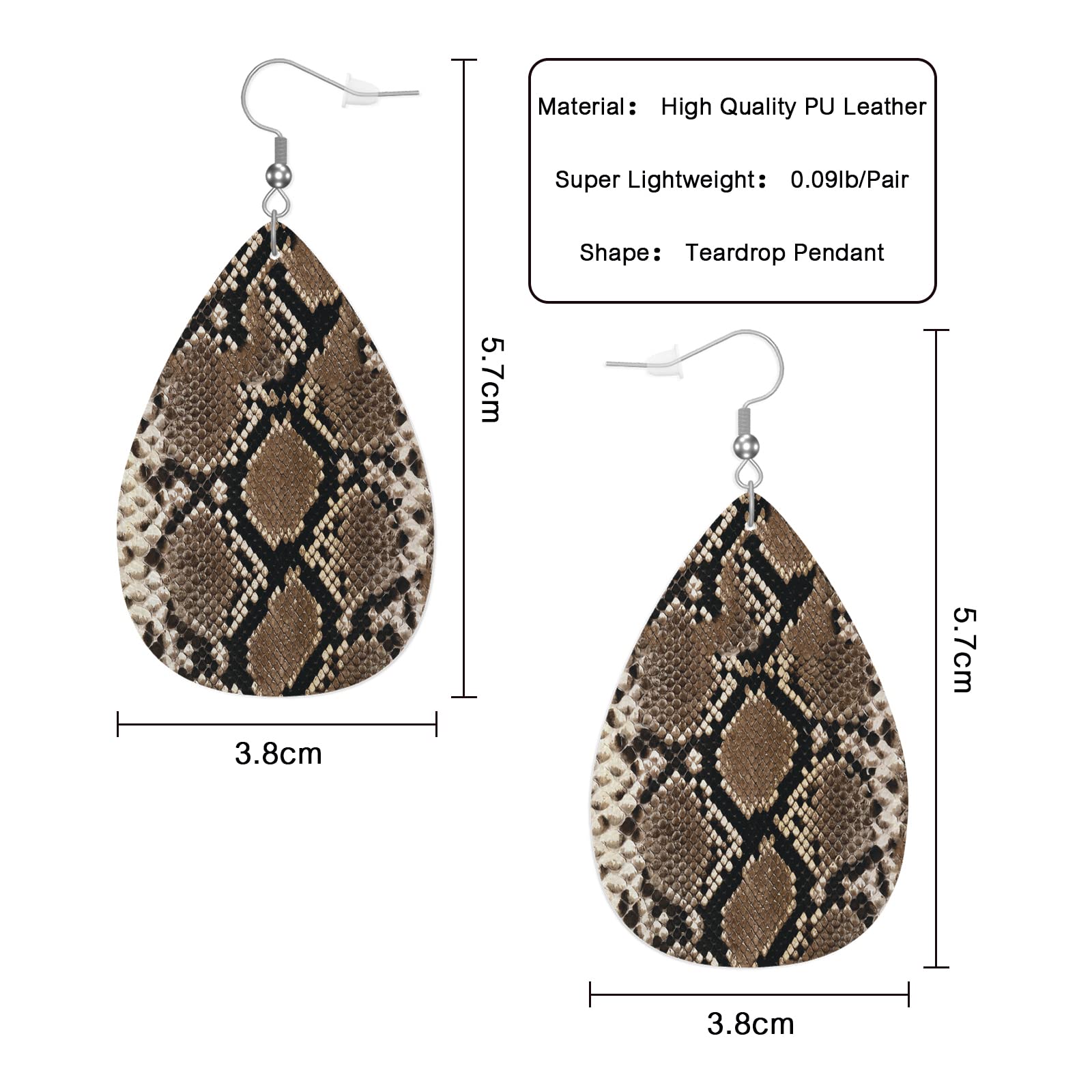 Snake Skin Leather Teardrop Hook Earrings for Women - Wild Brown Animal Print Dangle Earrings - Elegant Fashion Jewelry for Parties, Dating & Gift Giving