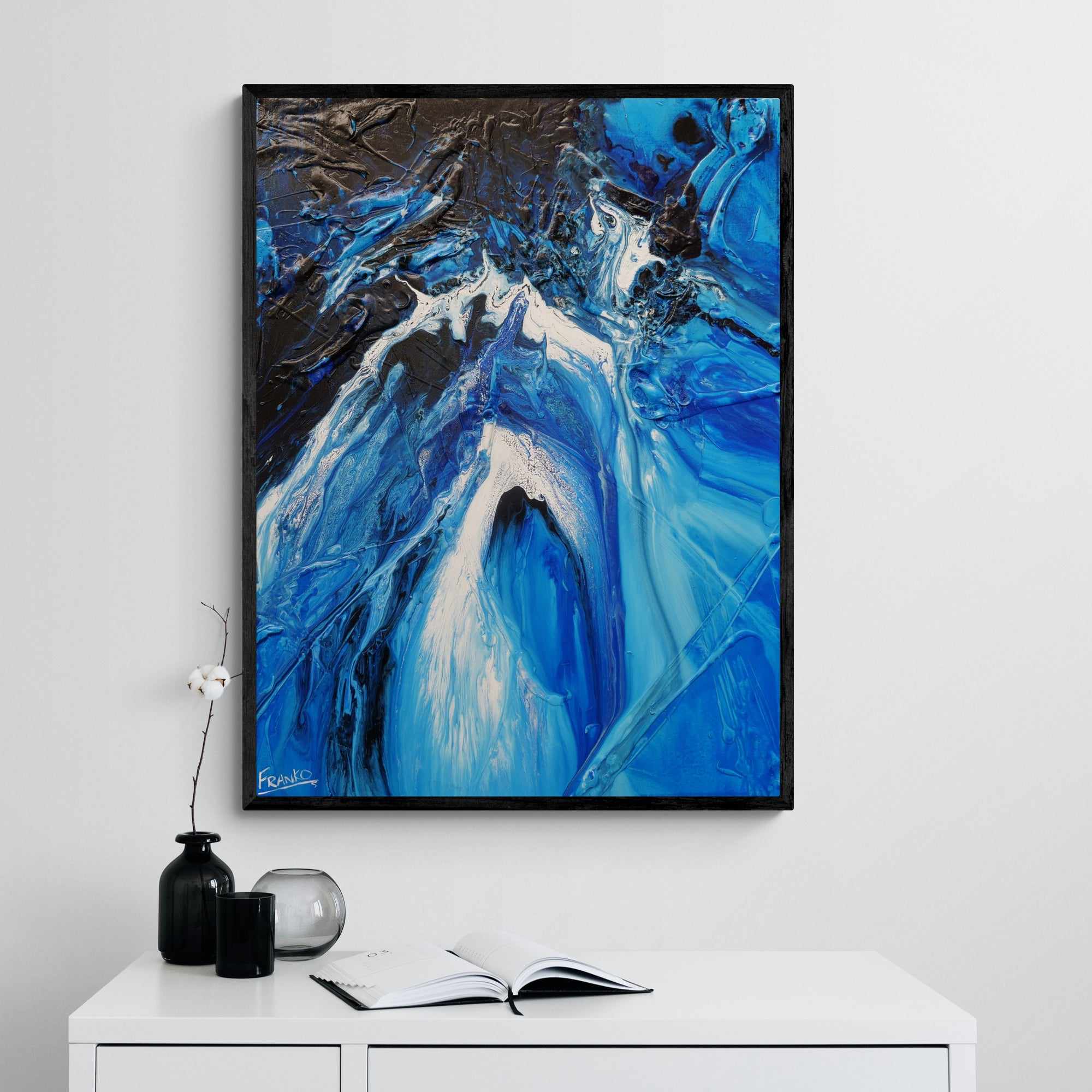Midnight Blue 75cm x 100cm Textured Abstract Wall Art Painting - Blue and White Modern Canvas Art for Living Room, Bedroom, Office Decor