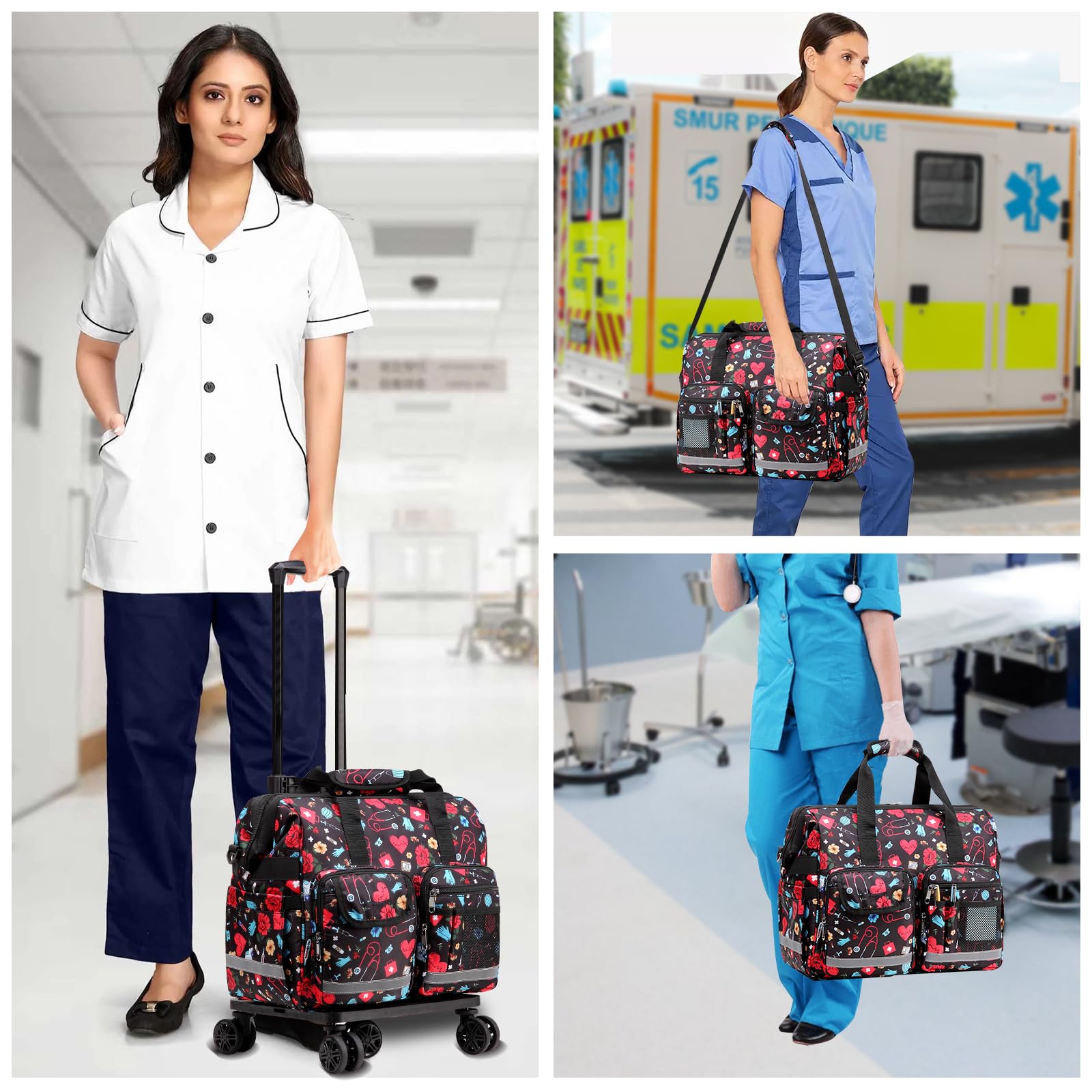 Rolling Medical Duffle Bag for Nurses - Large Wheeled Nursing School & Clinical Essentials Organizer - Perfect for Home Health Care, CNA, EMT, EMS & Physicians (Ideal for Hospital Shifts, Travel & Healthcare Professionals)