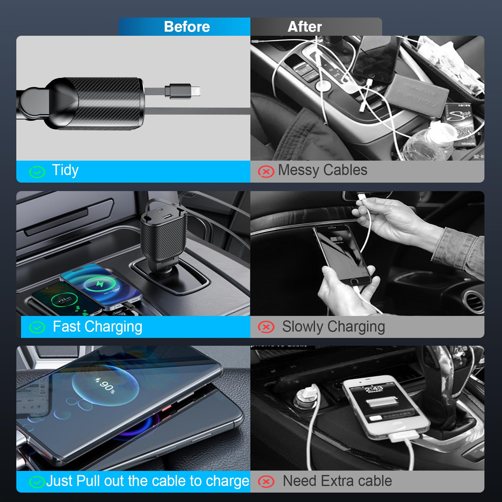 PLDHPRO 62W Fast Charging Retractable Car Charger 4-in-1 USB C Car Phone Charger Adapter with Cord - Compatible with iPhone 16/15/14/13/12/Pro/Max, iPad, Galaxy - Perfect for Road Trips, Commuting & Travel Accessories