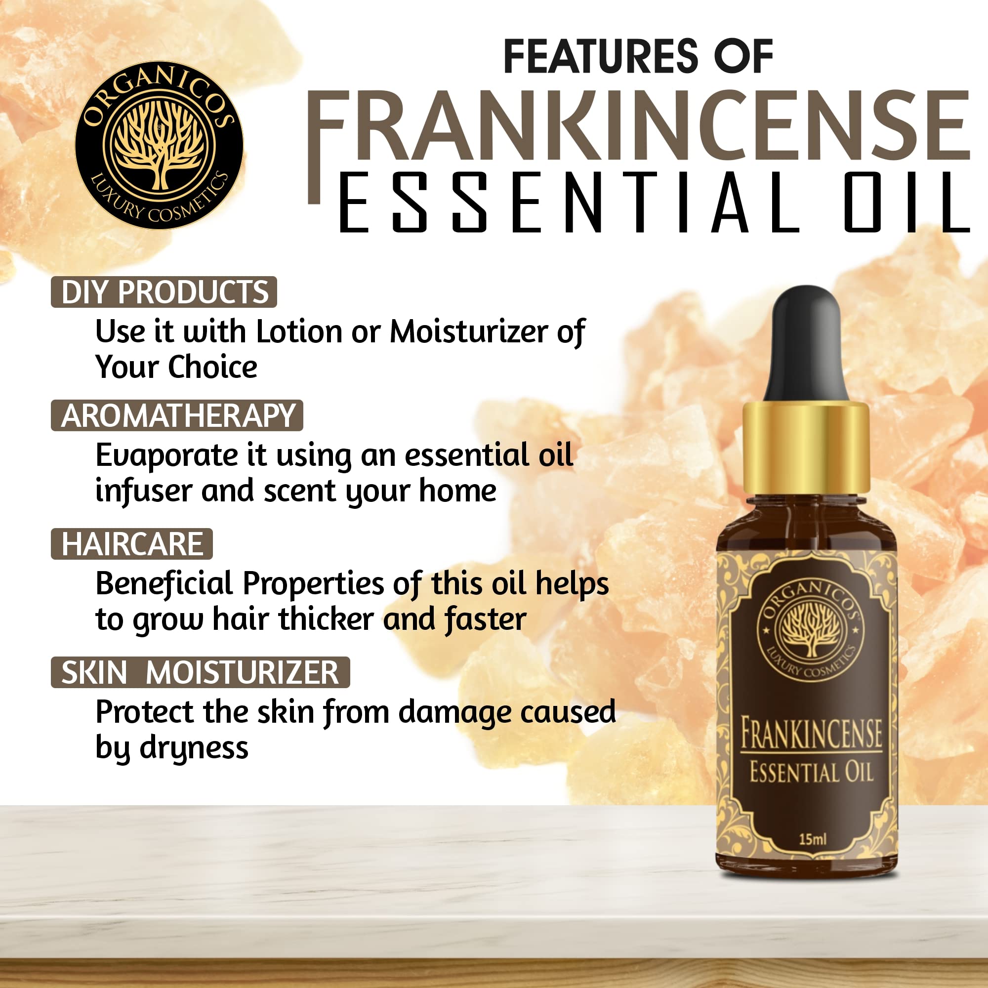 Organic Frankincense Essential Oil for Face & Skin - 100% Pure, Natural, Undiluted - Promotes Clear Glowing Skin, Anti-Aging, Wrinkle Reduction & Hair Care - 15ml - Perfect for Aromatherapy, Massage & DIY Beauty Recipes