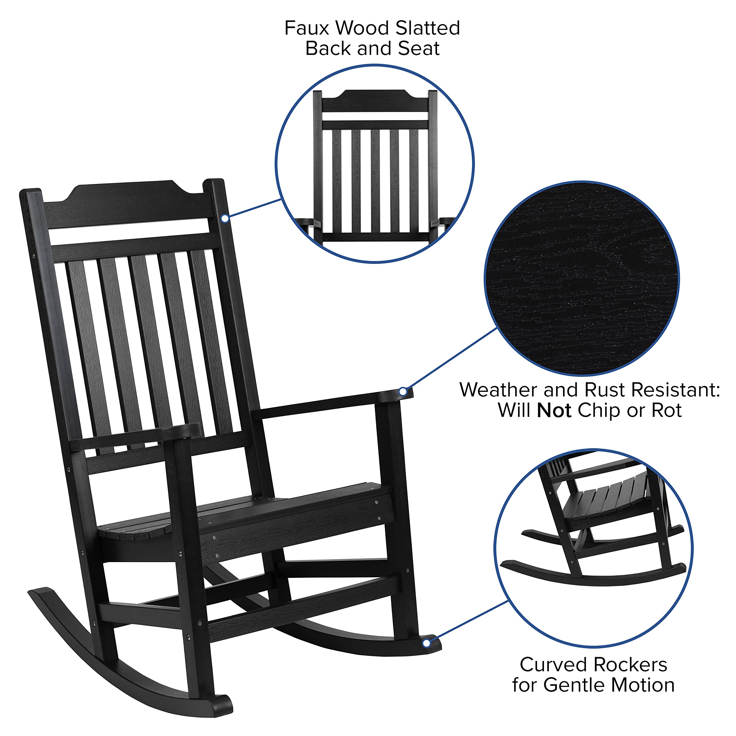 Merrick Lane Hillford All-Weather Rocking Chair - Black Poly Resin Patio Rocker for Indoor & Outdoor Use - Perfect for Porch, Deck, Garden, and Living Room Relaxation