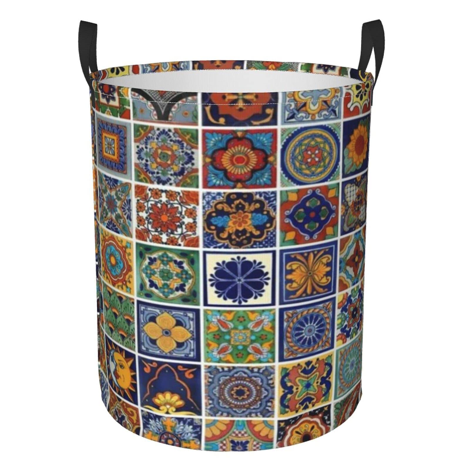 Vintage Talavera Tiles Mexican Folk Art Waterproof Foldable Laundry Basket Hamper - Durable Handle Storage Bag for Clothes, Toys & Office Use - Medium Size Gift Basket for Bedroom, Bathroom & Laundry Room Organization
