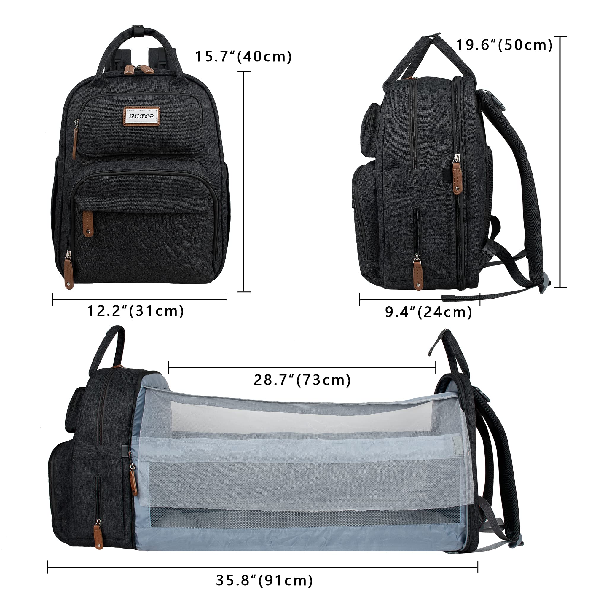 SNDMOR Large Baby Diaper Backpack - Waterproof Travel Diaper Bag with Foldable Changing Pad & Multiple Pockets, Stylish Black Diaper Bag for Moms - Perfect for Daycare, Outings & Family Trips