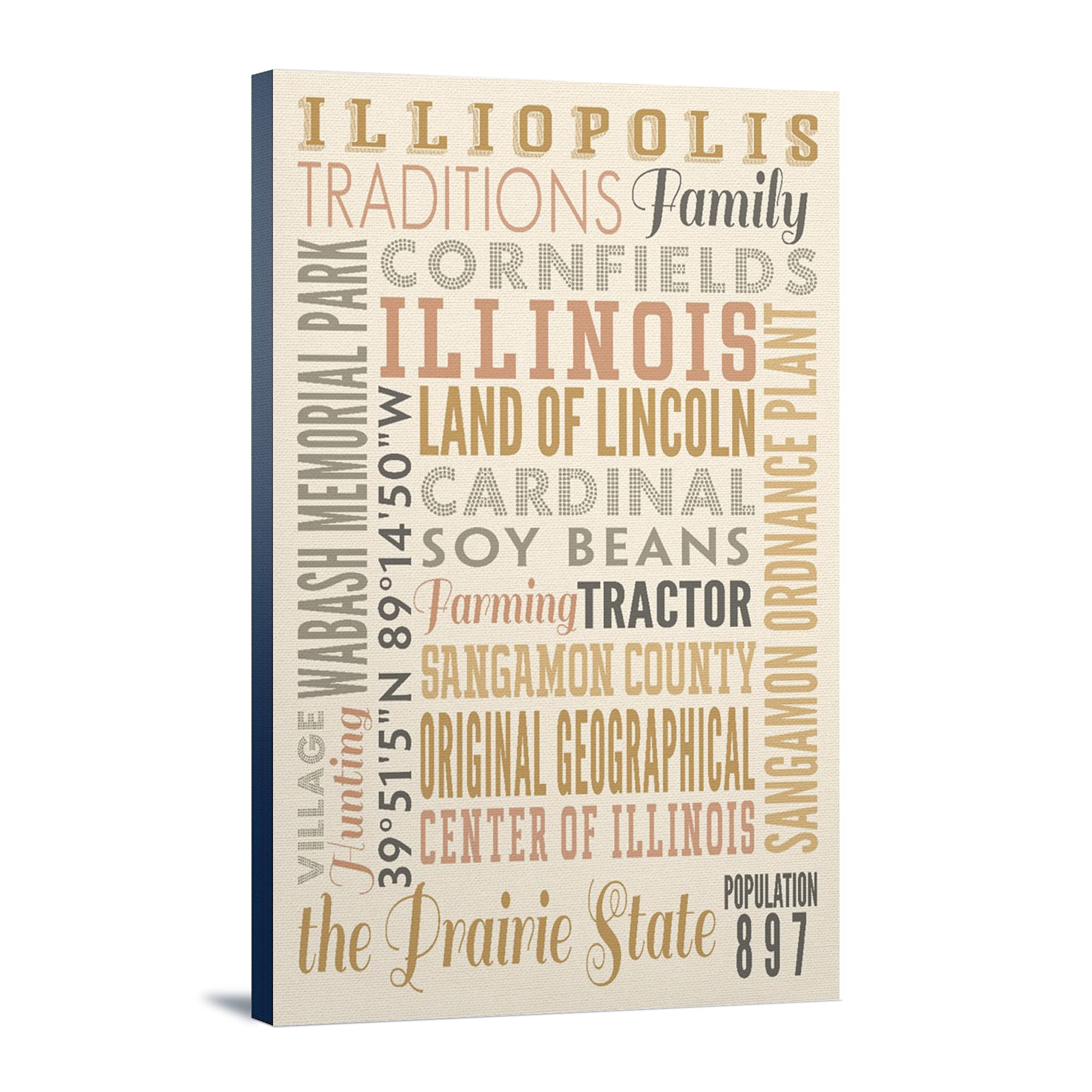 Lantern Press Illiopolis Illinois Typography Art - 16x24 Wrapped Canvas Wall Decor for Living Room, Bedroom & Office