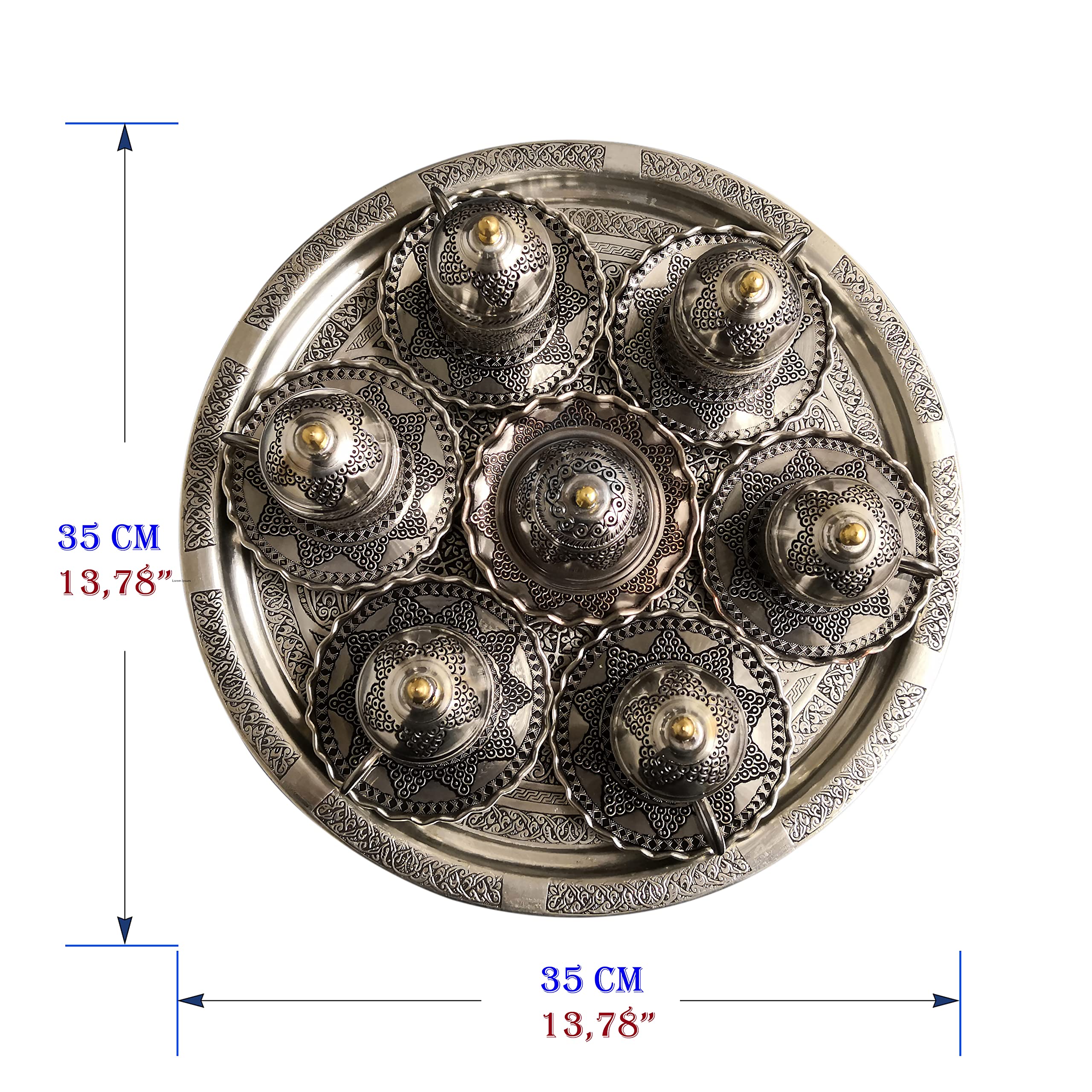 Turkish Copper Coffee Cup Set of 6 with Tray - Vintage Espresso Cups in Velvet Gift Box, Nickel Plated Mini Coffee Serving Set for Home, Cafe & Turkish Coffee Ceremony