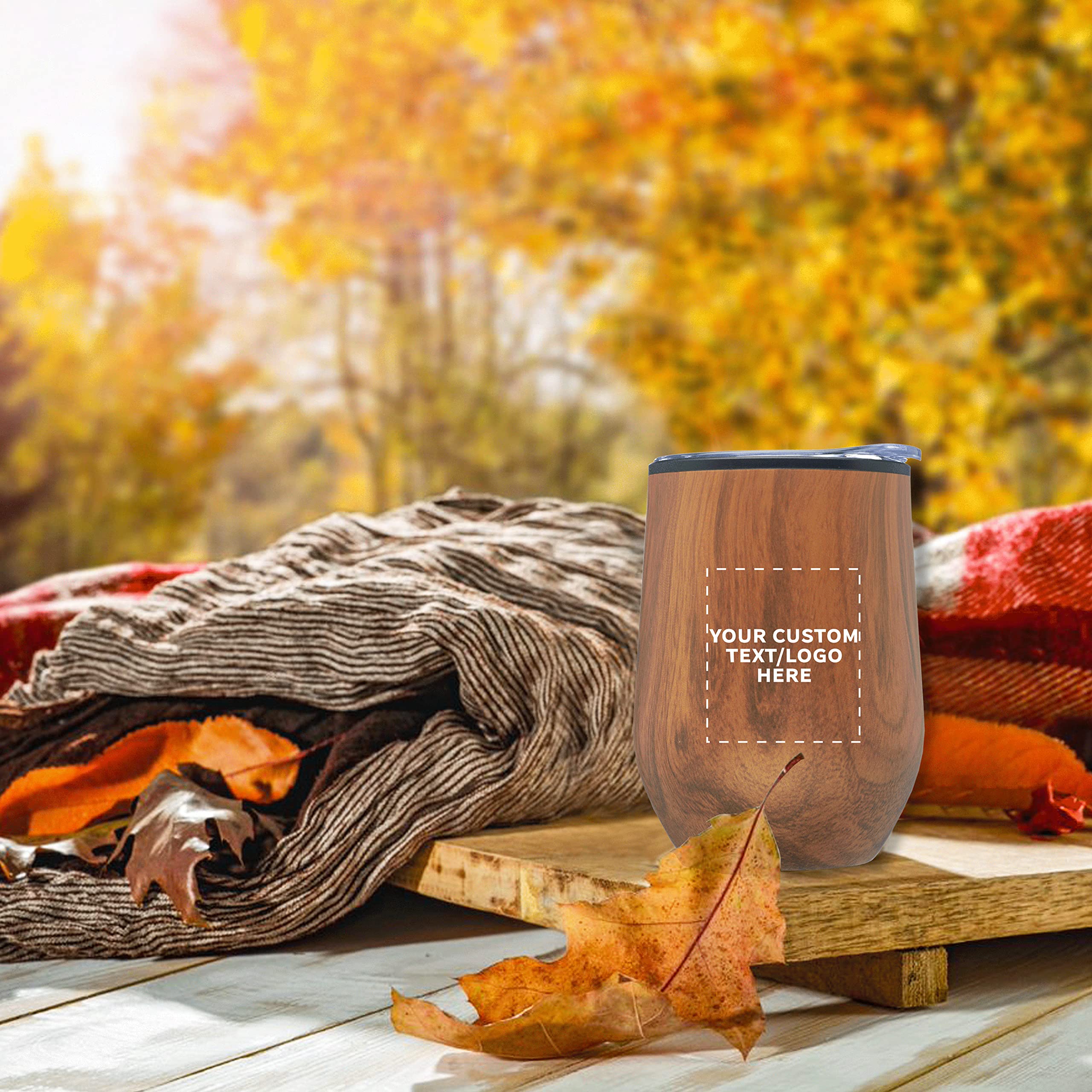 12-Pack Personalized Palmera Stemless Wine Tumblers with Lids - 12oz Insulated Glasses for Wine, Cocktails & Beverages | Custom Wood Design for Parties, Weddings & Home Entertaining