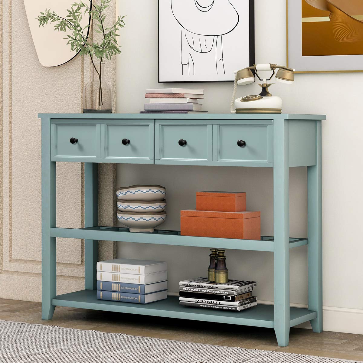 Teeker Solid Wood Console Table - Classic Entryway Table with 2 Shelves & Drawers, Sturdy Hallway Sofa Table for Living Room, Bedroom or Office (Green)