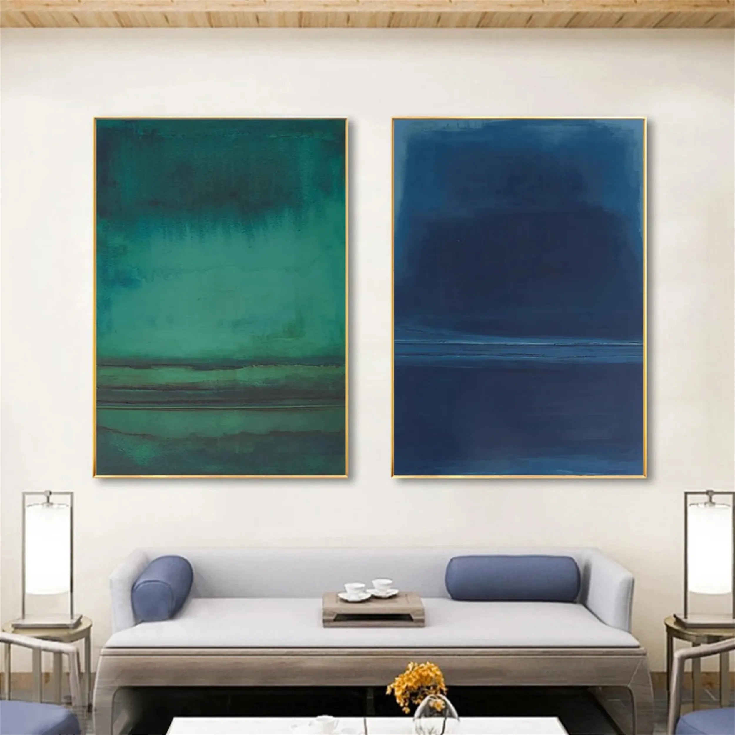 Abstract Blue and Green Canvas Art Set of 2 - Modern Wall Decor for Living Room, Bedroom & Office - BG053
