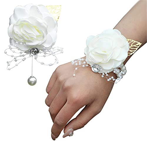 Elegant Ivory Rose Corsage and Boutonniere Set for Wedding Bride & Groom - Wristlet Bracelet & Prom Flower Accessories - Perfect for Weddings, Proms, and Formal Events
