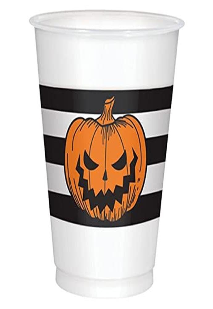 Halloween Jack-O-Lantern Disposable Plastic Cups - 16 oz (25 Count) - Orange Pumpkin Design for Halloween Parties, Trick or Treat, Fall Festivals & Thanksgiving Gatherings