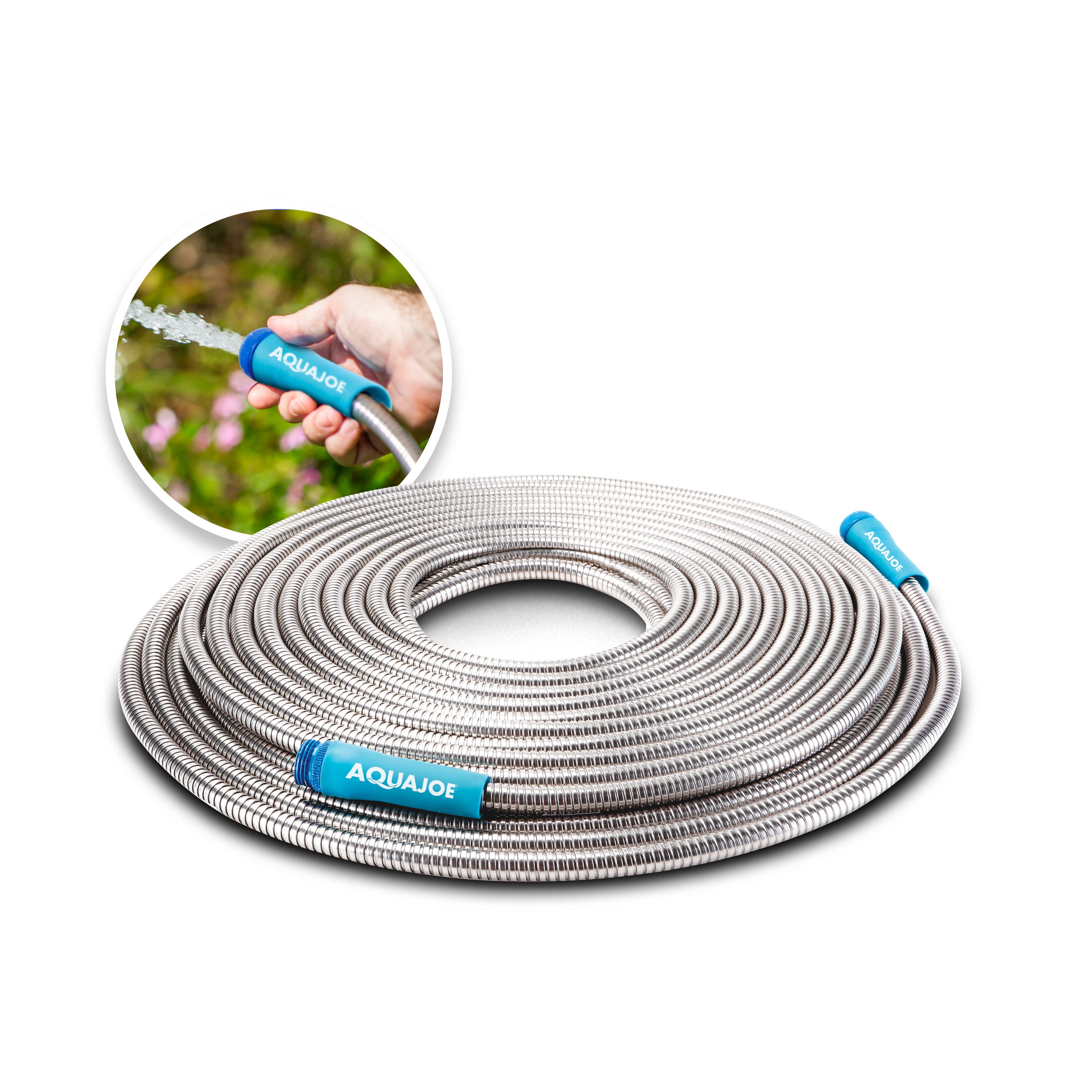Aqua Joe AJSGH75 Heavy Duty Puncture Proof Metal Garden Hose - 75ft Stainless Steel 304 Spiral Construction, 1/2 Inch Diameter | Perfect for Outdoor Watering, Car Washing & Yard Maintenance