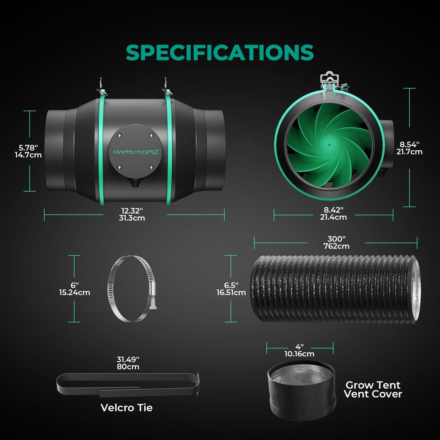 Mars Hydro 6 Inch Inline Fan & Carbon Filter Kit with Variable Speed Controller - 402 CFM Hydroponic Exhaust Fan System with 25ft Ducting for Grow Tents, Indoor Gardening & Ventilation Solutions