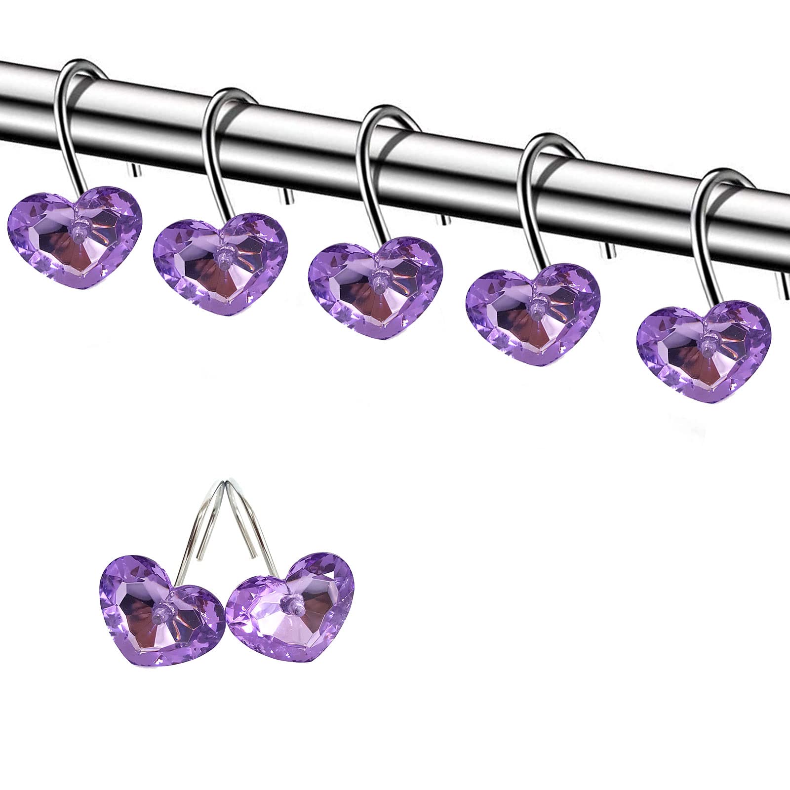 Rust-Resistant Crystal Heart Shower Hooks - 12 Pack Purple Bathroom Shower Curtain Rings for Smooth Gliding - Perfect for Home, Hotel & Spa Decor