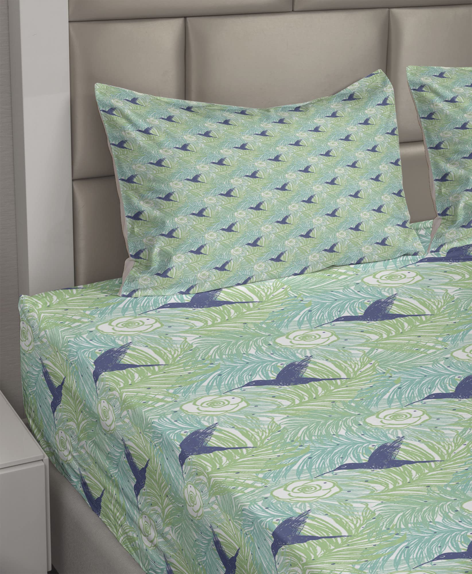 Ambesonne Exotic 4-Piece King Sheet Set - Vibrant Palm Leaves, Tropical Flowers & Bird Silhouettes Design - Lavender & Green Bedding (Fitted Sheet, Flat Sheet, 2 Pillowcases) - Perfect for Beach House, Boho Bedroom or Tropical-Themed Decor