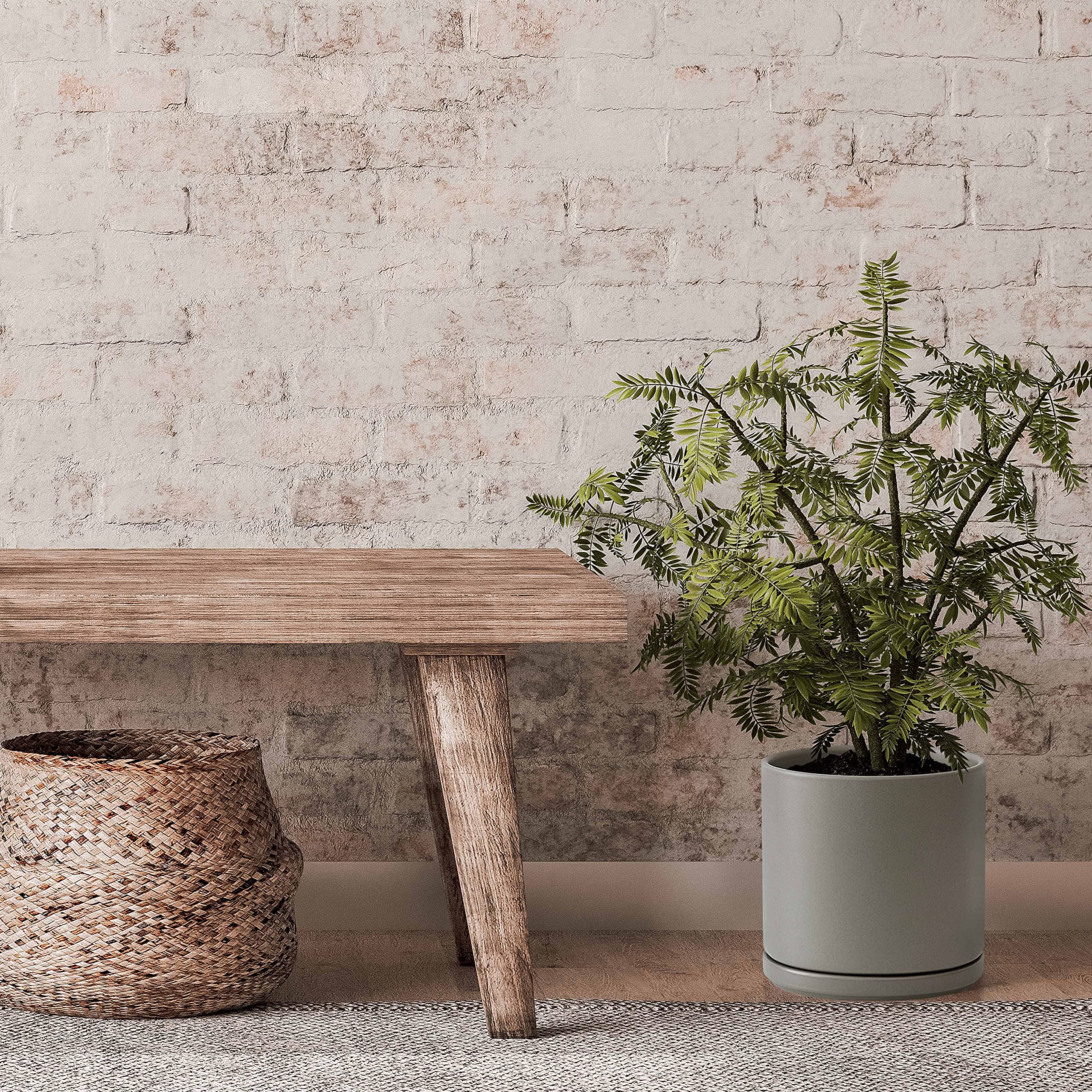 D'vine Dev Set of 2 - 10 Inch Ceramic Plant Pots with Drainage Hole & Saucer - Speckled Grey Indoor Flower Planters for Home Decor, Office, Living Room, Balcony (94-V-E-3)
