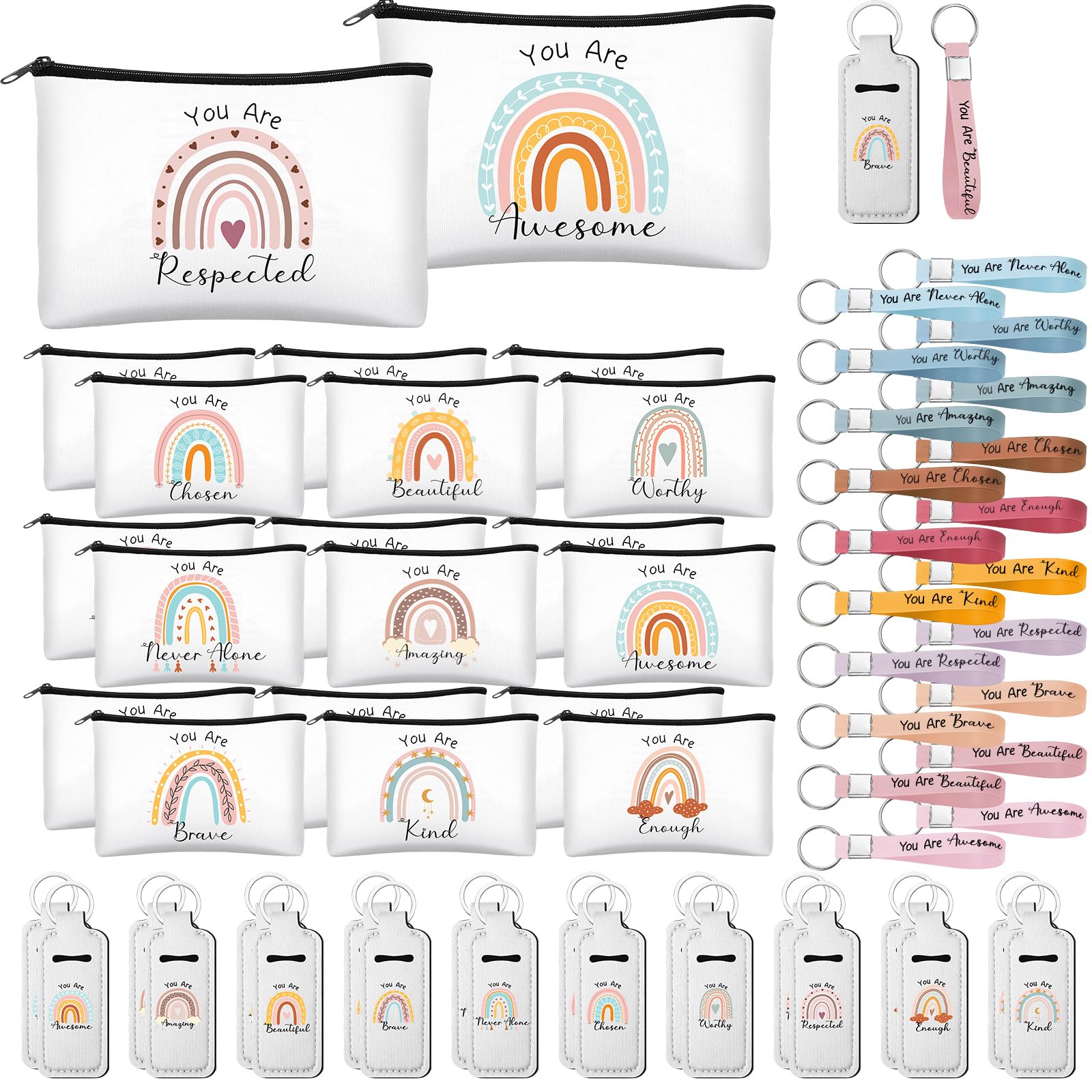 60 Pcs Rainbow Makeup Bags Set with Motivational Quotes - Waterproof Cosmetic Organizer & Silicone Keychain - Perfect Gift for Women, Teachers, Graduation, Birthday - Great for Travel, School, and Daily Makeup Storage