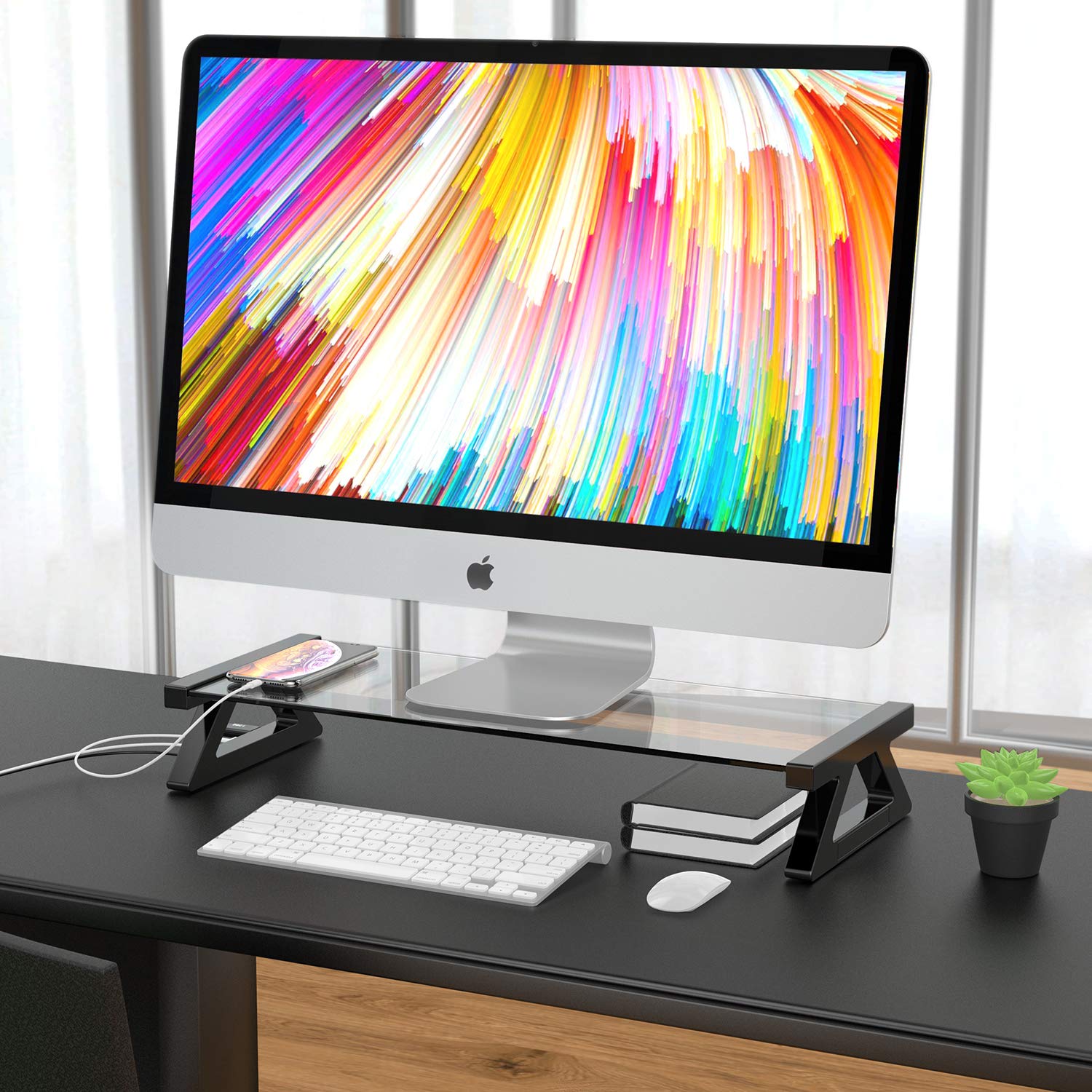 Yivandi Clear Tempered Glass Monitor Stand with USB Ports - 3-in-1 Adjustable Computer Riser for PC, iMac, MacBook & Printer - Perfect for Home Office, Gaming Setup & Workspace Organization