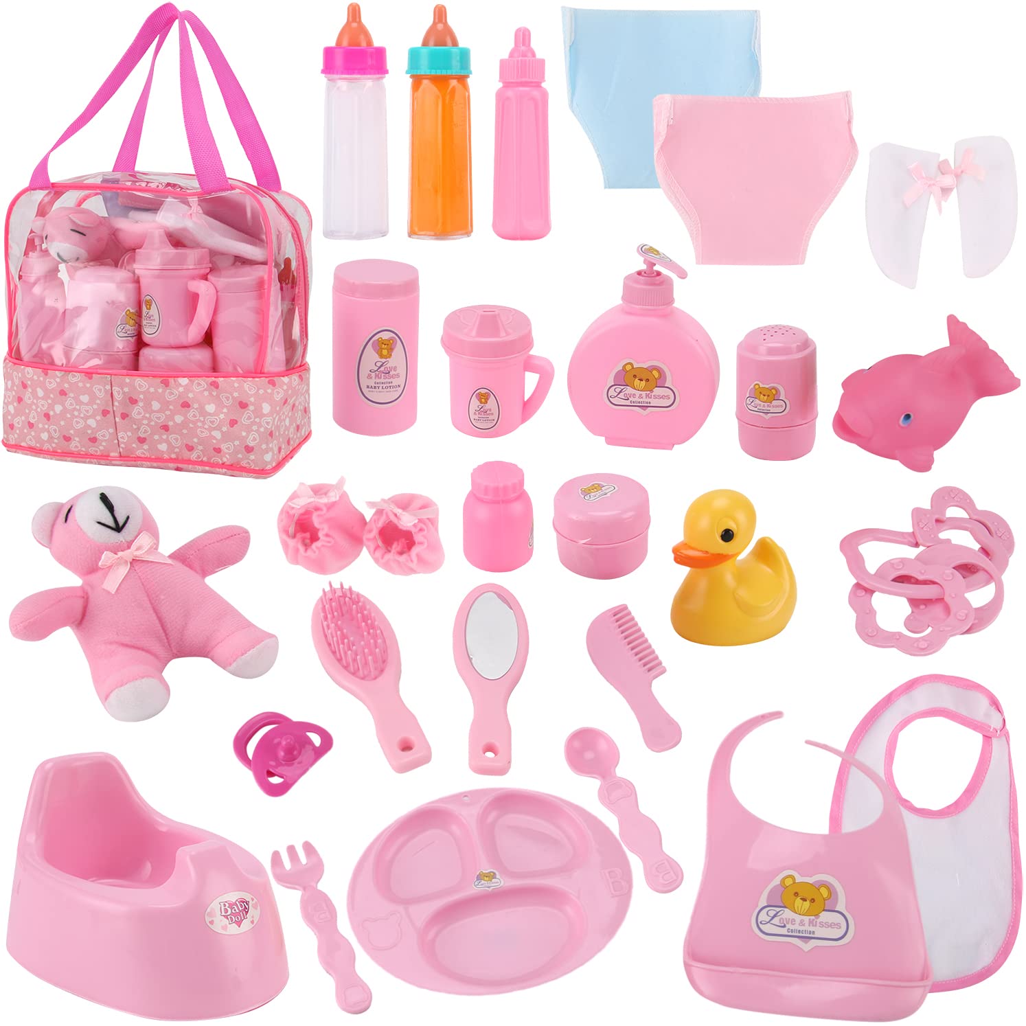 28-Piece Baby Doll Accessories Complete Car Set - Pretend Play Feeding Kit for Toddlers & Girls with Magic Milk Bottles & Storage Bag | Perfect for Role Play, Daycare & Preschool Learning Activities