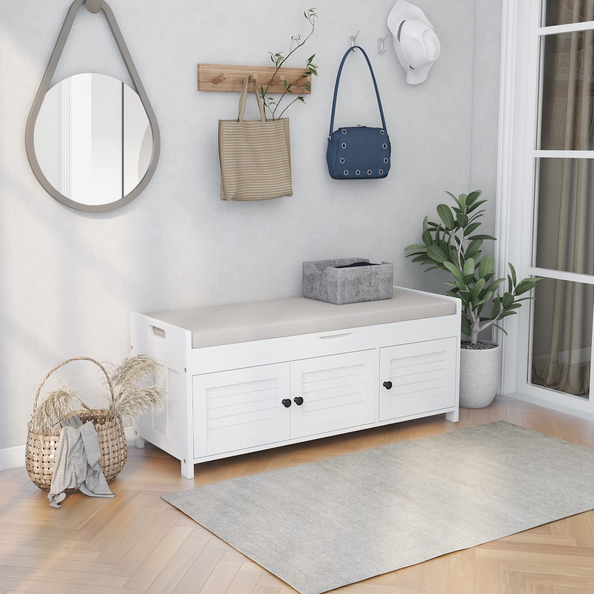 SOFTSEA White Upholstered Storage Ottoman Bench with Removable Beige Cushion - 3 Shutter Doors & Hidden Compartment - Multi-Functional Entryway, Living Room, Bedroom Furniture for Shoes, Blankets & Home Organization